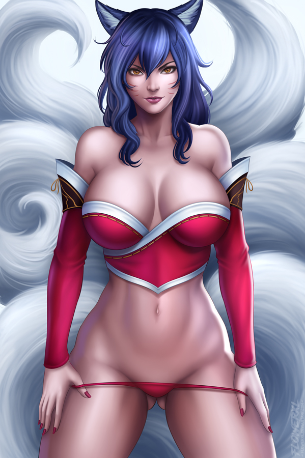 ahri, big breasts, breasts, cleavage, female, female only, flowerxl, large breasts, league of legends, looking at viewer, panties, solo