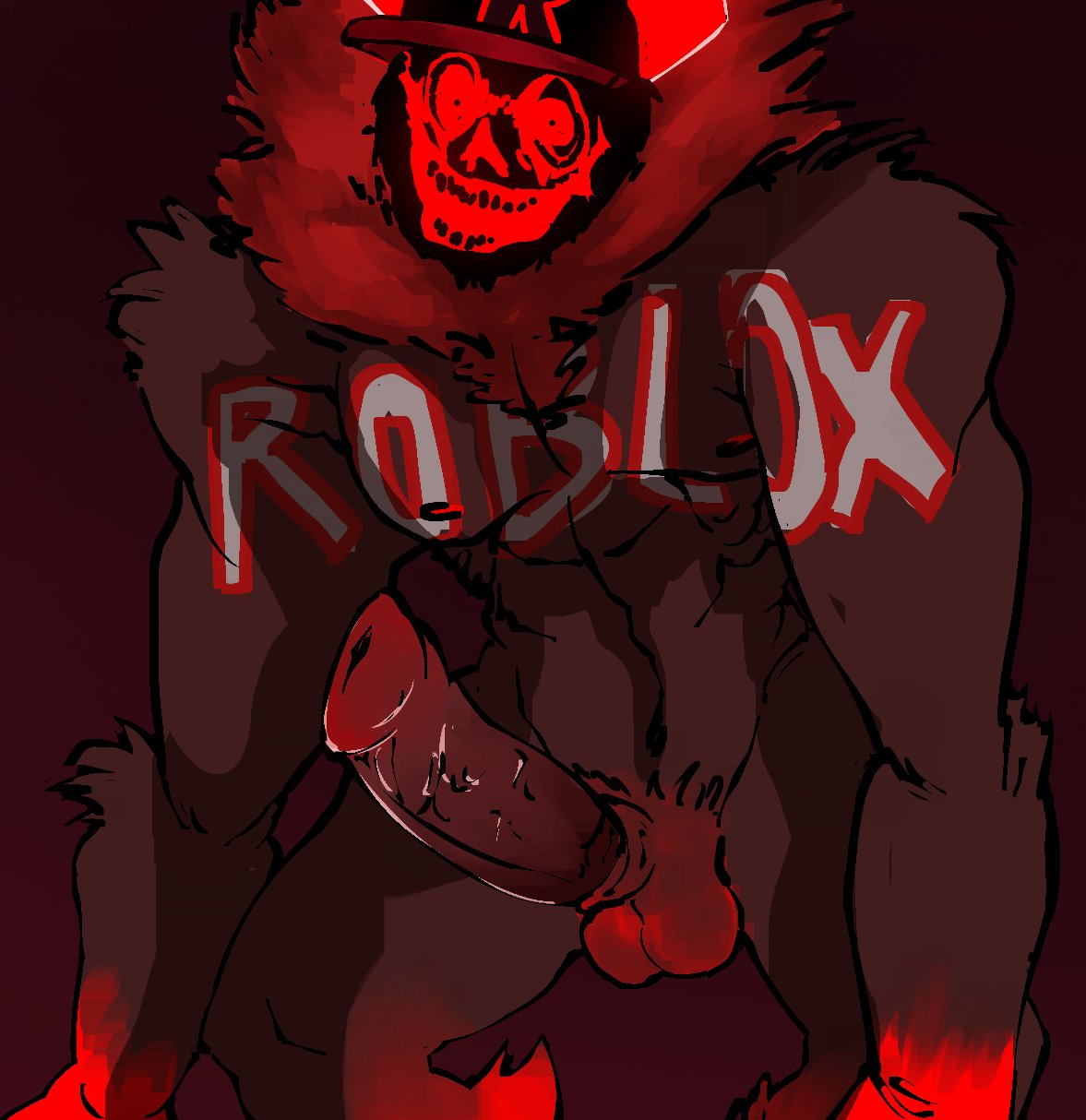 1boy, 2d, balls, color, forsaken (roblox), fur, gon3r soto, guest 666 (forsaken), horns, male, monster, monster cock, penis, roblox, roblox game, robloxian, tagme
