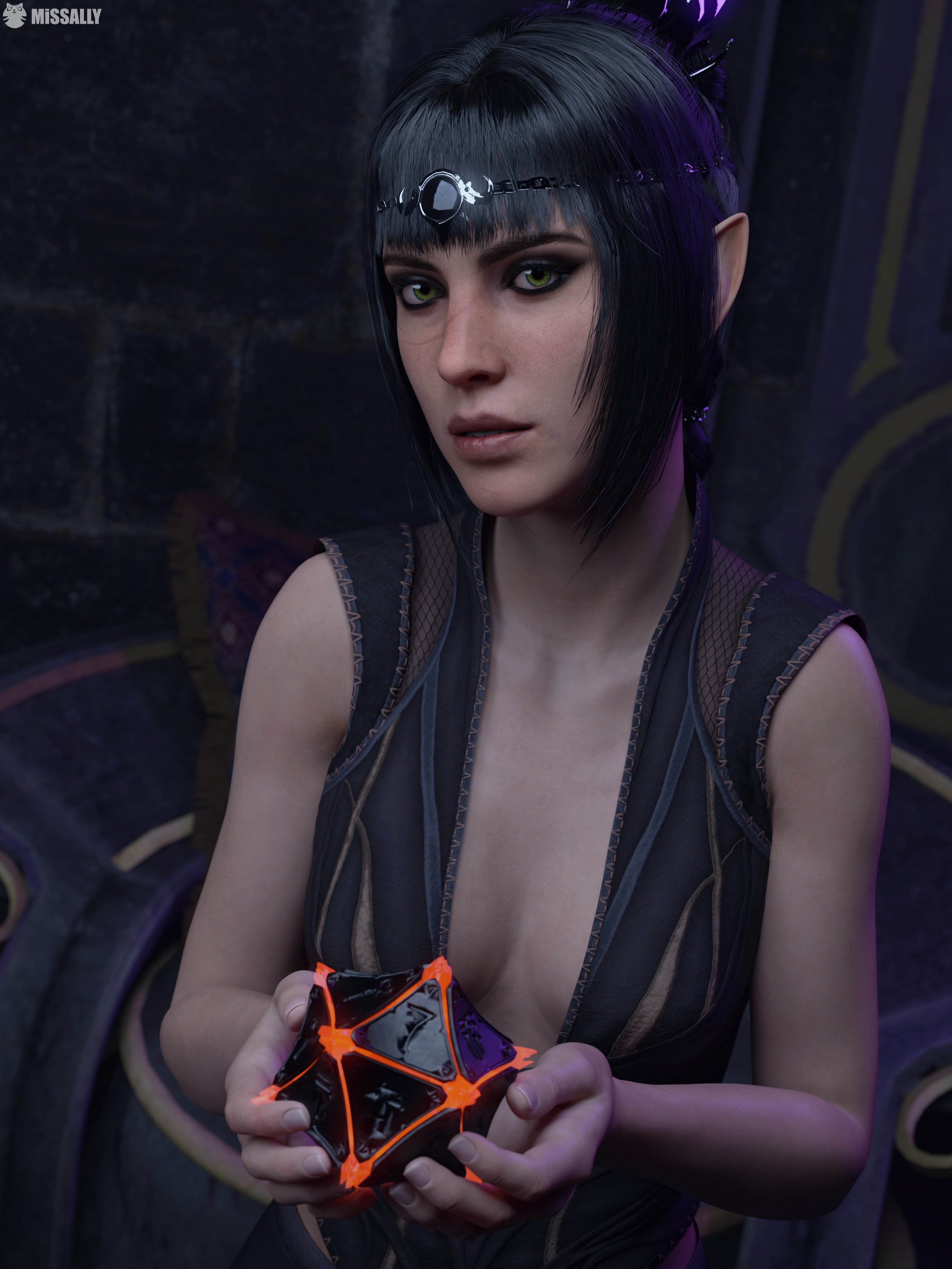 1girls, 2025, 3d, 3d render, artist name, baldur's gate, baldur's gate 3, black hair, braided hair, breasts, circlet, cleavage, close-up, elf female, female, green eyes, holding object, looking at viewer, missally, pale skin, pale-skinned female, pointy ears, questionable, scar, shadowheart, small breasts, solo, solo female, upper body