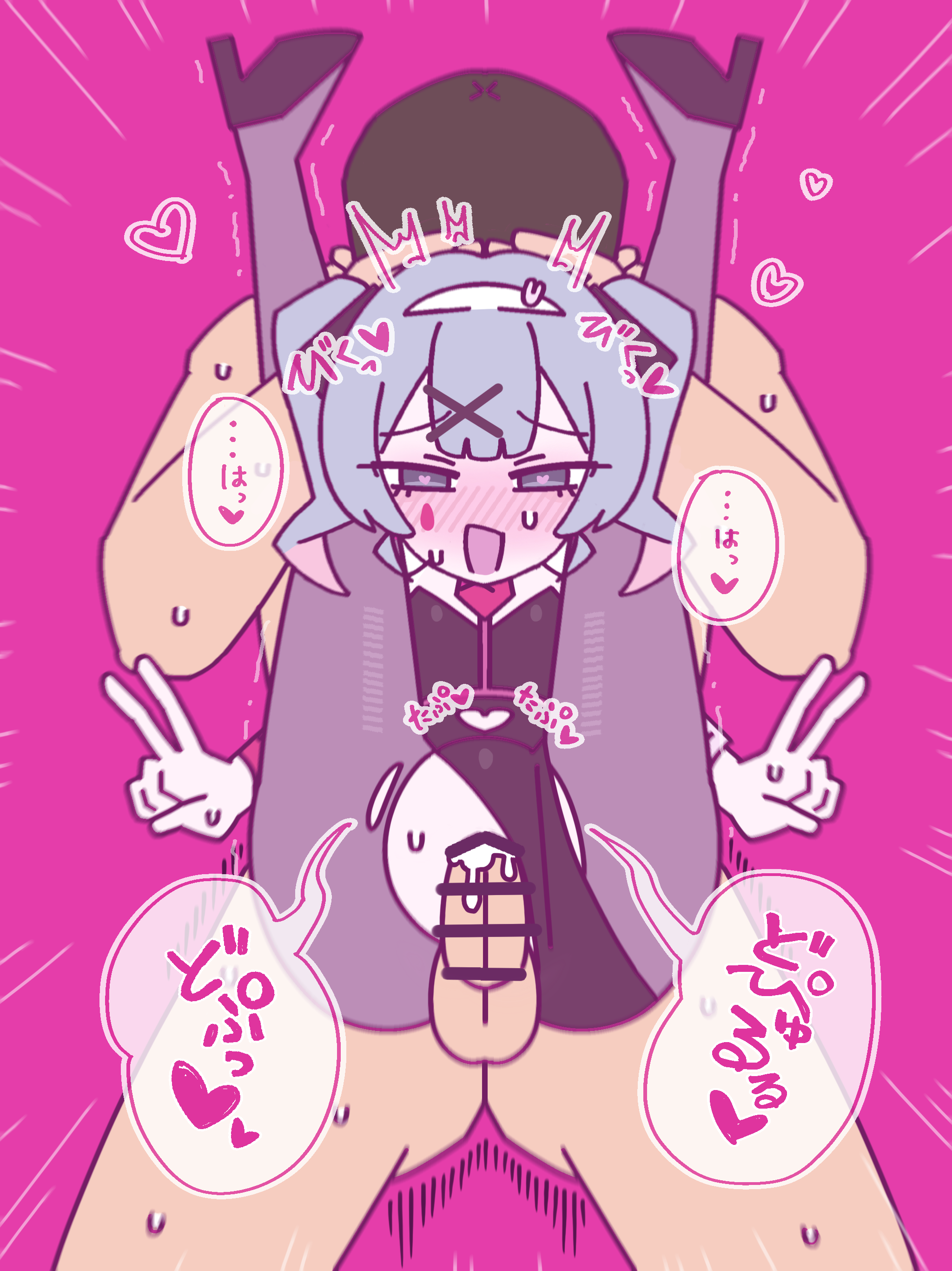 1boy, 1girls, blue eyes, blue hair, blush, bunny ears, bunnysuit, creampie, cum, cum in pussy, cum inside, double v, female, full nelson, hatsune miku, leotard, leotard aside, looking at viewer, male, pantyhose, penetration, penis, rabbit hole (vocaloid), sabuakadeath, sex, torn pantyhose, v, vocaloid