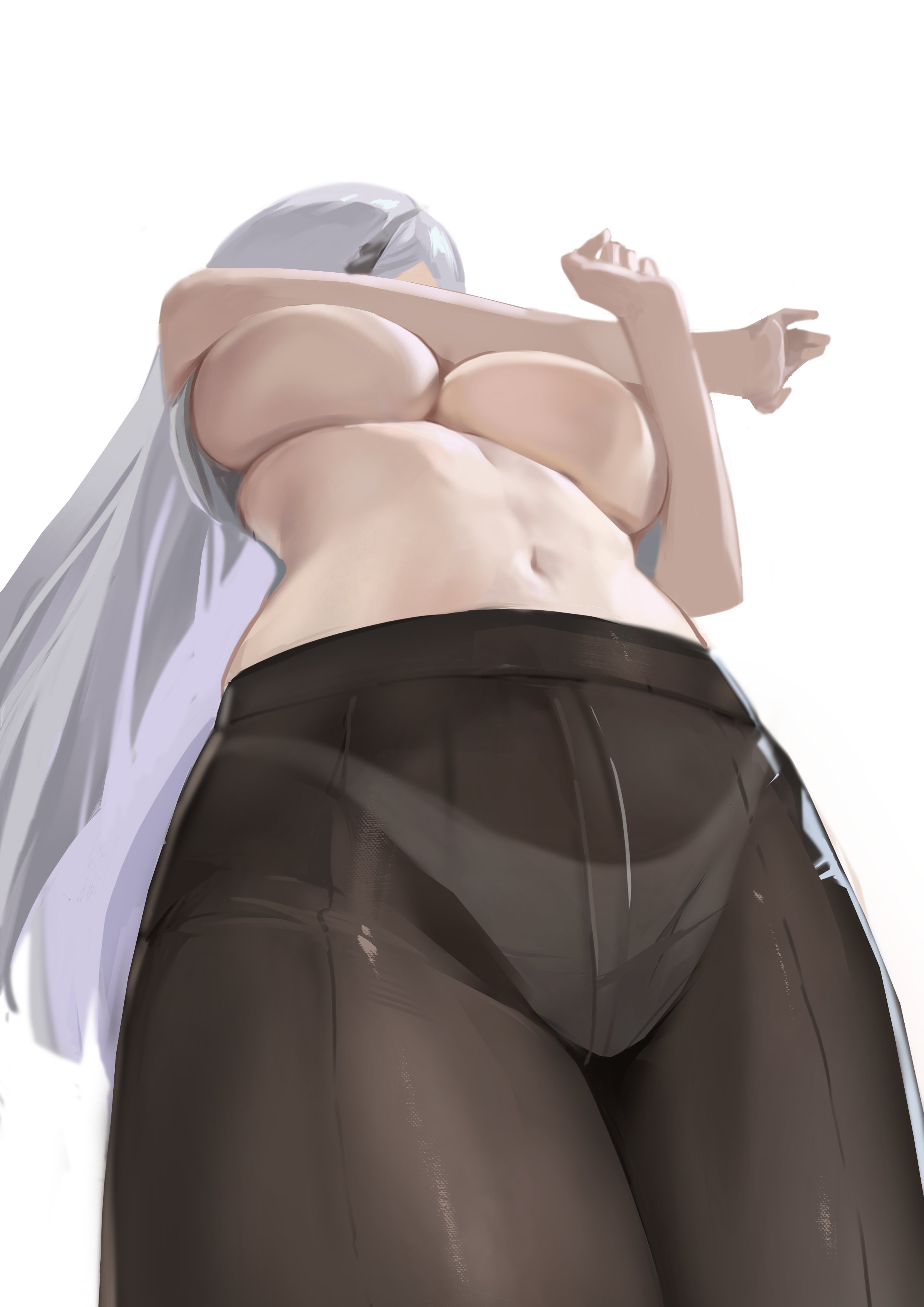 1girls, 2d, 2d (artwork), ak-alfa (girls' frontline), belly, big breasts, boob squish, breast squeeze, breast squish, breasts, casual, clothing, female, female only, girls' frontline, girls' frontline 2: exilium, grey hair, hairband, large breasts, lifted by self, lifted shirt, light skin, light-skinned female, long hair, low-angle view, magicbread47, navel, nipples, no bra, panties, panties under pantyhose, panties visible through clothing, pantyhose, silver hair, standing, stockings, stretching, thick thighs, thighs, tololo (girls' frontline 2), topless, unaware, underboob, underwear visible through clothing, very long hair, white panties, wide hips