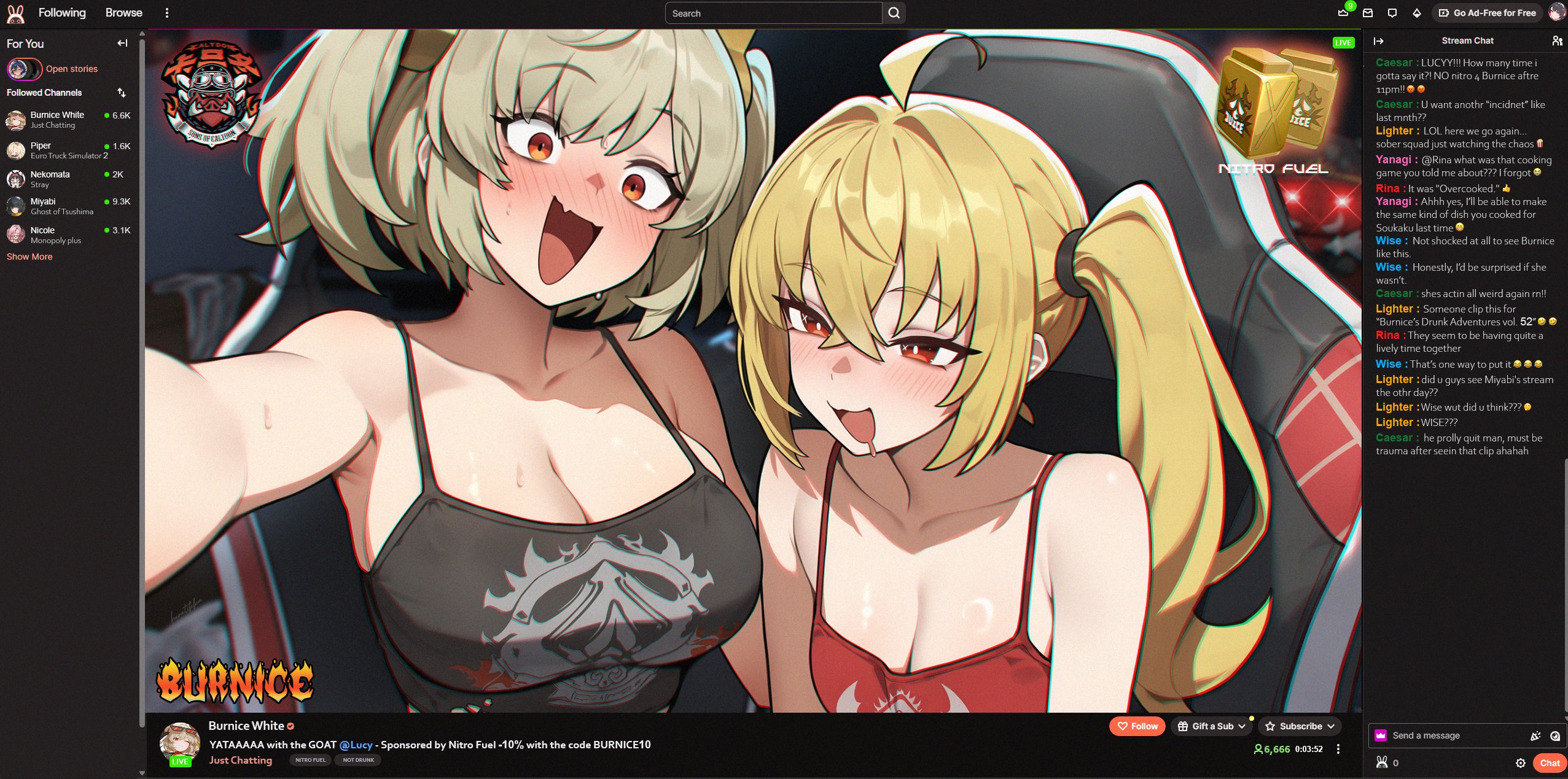 ai generated, blonde hair, blush, breasts, burnice white, chair, chat log, cleavage, drunk, female, gaming chair, heretikka, highres, hoshimi miyabi, livestream, luciana de montefio, lucy's crew (zenless zone zero), multiple females, multiple girls, nekomiya mana, open mouth, piper wheel, recording, red eyes, saliva, side ponytail, spaghetti strap, sweat, swivel chair, tank top, twintails, zenless zone zero