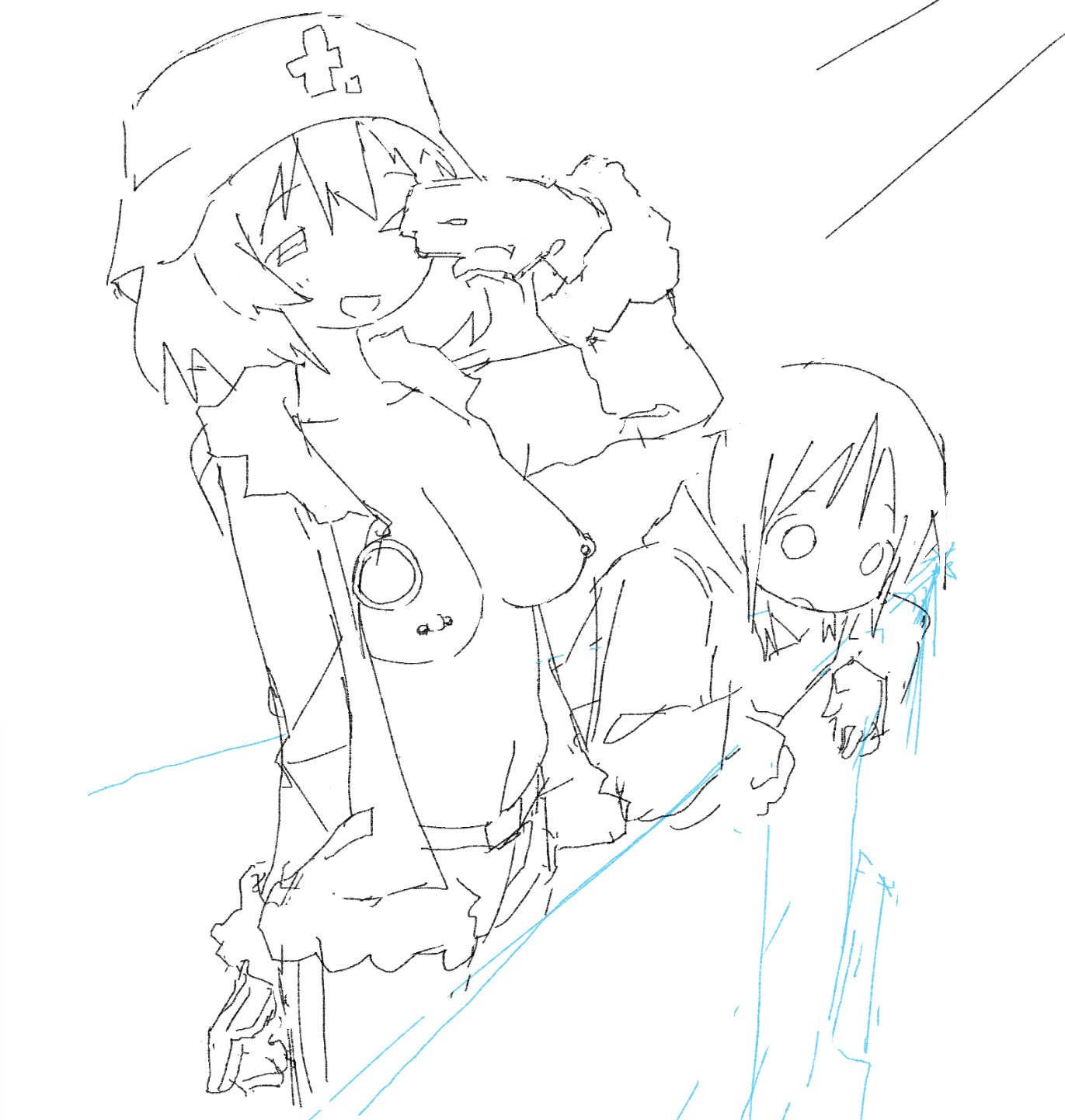 2girls, breasts, breasts out, chito (shoujo shuumatsu ryokou), exposed breasts, female, freeband52, gloves, helmet, looking down, monochrome, nipple piercing, nipples, shoujo shuumatsu ryokou, sketch, smile, yuuri (shoujo shuumatsu ryokou)
