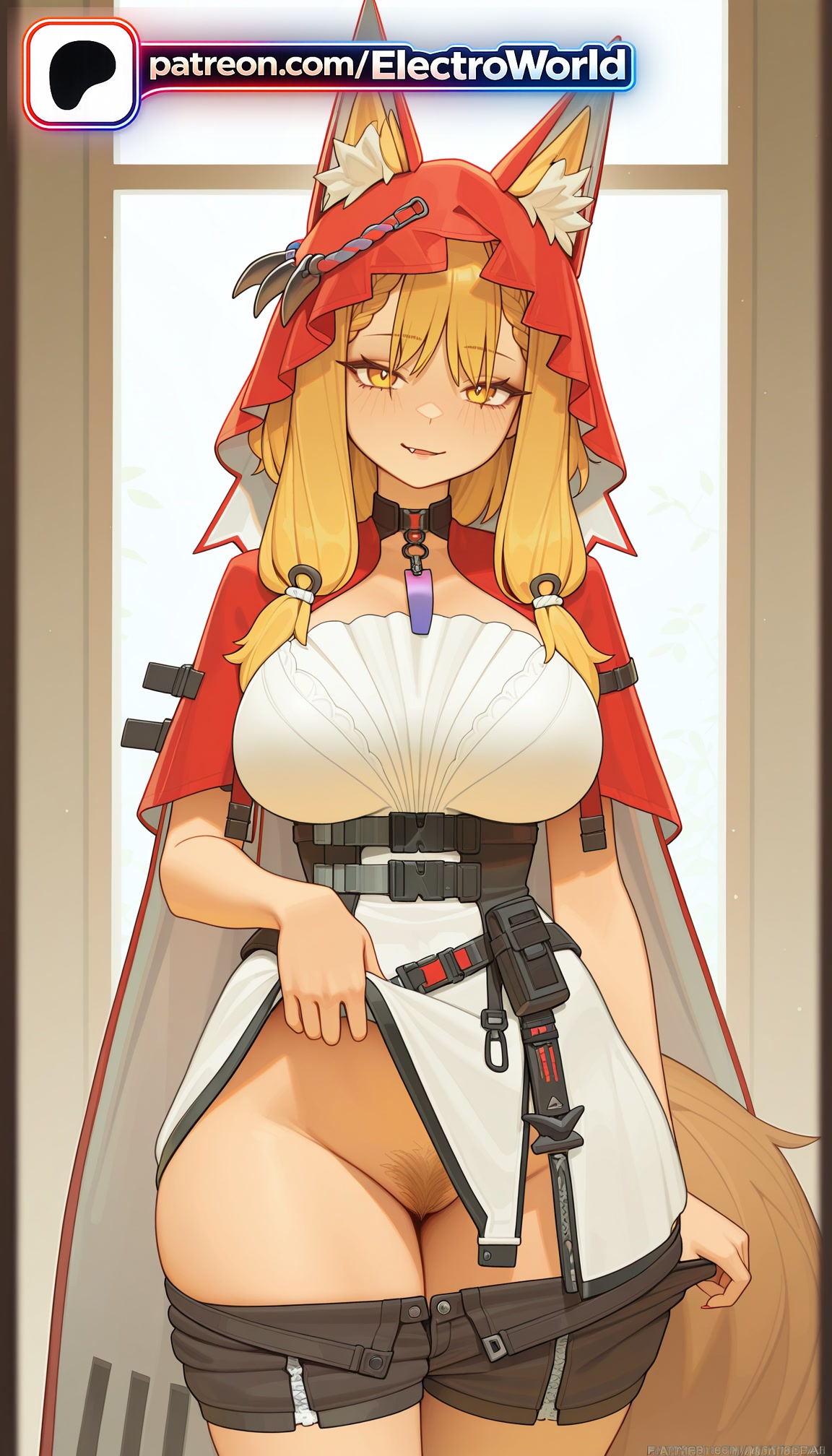 1girl, 1girls, 2026, ai generated, arknights: endfield, artist name, big breasts, big chest, big tits, boobs, breasts, bust, busty, chest, electroworld, female, female only, female pubic hair, hi res, high quality, high resolution, highres, hood, hooded cloak, large breasts, long hair, looking at viewer, no panties, patreon, patreon username, pubic hair, rossi (arknights: endfield), shorts pull, solo, stable diffusion, tits, watermark
