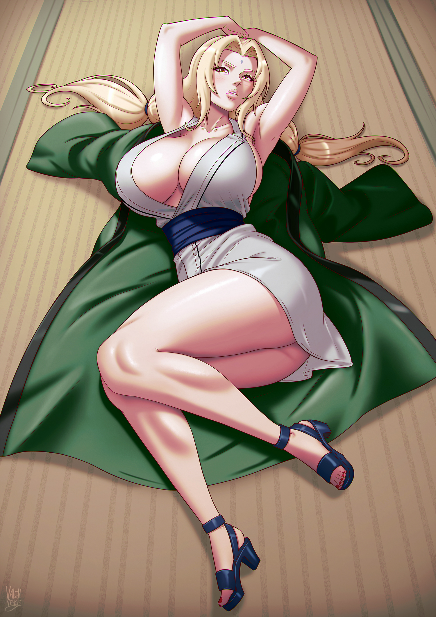 1girls, armpits, arms up, bare legs, blonde hair, bottomless, breasts, cleavage, facial mark, female, female focus, forehead mark, full body, highres, huge breasts, kimono, lips, long hair, looking at viewer, lying, lying on back, lying on floor, mature female, milf, nail polish, naruto, naruto (series), naruto shippuden, sandals, solo, thick thighs, thighs, toenail polish, toenails, tsunade, valenvenge, voluptuous