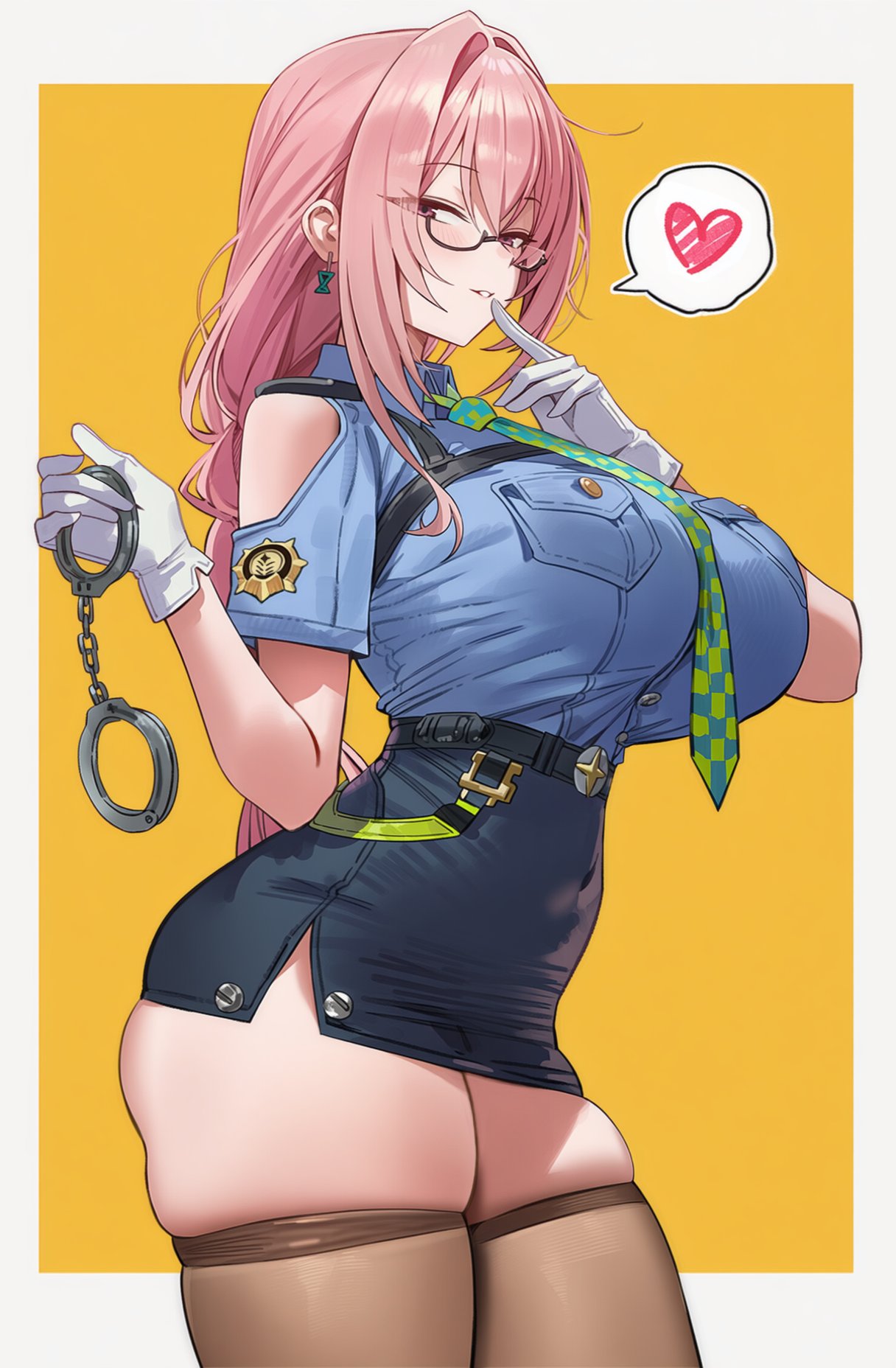 1girls, 2025, ai generated, bare shoulders, big breasts, breasts, female, female focus, female only, fring853, fully clothed, glasses, gloves, hand cuffs, heart, large breasts, light skin, light-skinned female, miniskirt, pencil skirt, pink eyes, pink hair, pink-haired female, police, police uniform, policewoman, skindentation, skirt, solo, solo female, solo focus, spoken heart, stockings, thick thighs, thighhighs, tsukishiro yanagi, uniform, white gloves, zenless zone zero