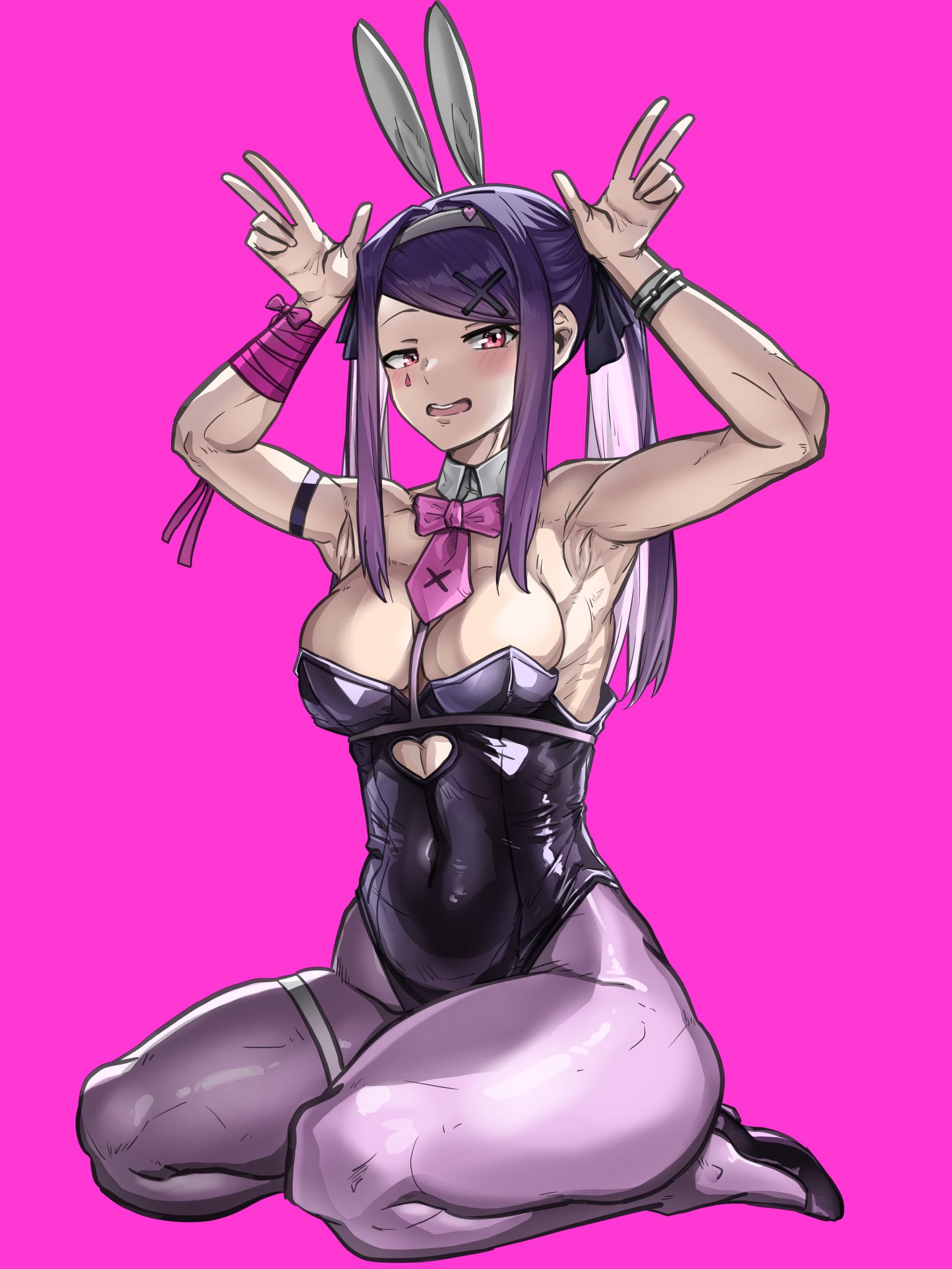 1girl, 1girls, 2024, abs, animal ears, armpits, arms up, black leotard, blush, bow, breasts, bunny ears, bunny girl, bunnysuit, cleavage, covered navel, detached collar, fake animal ears, female, female focus, fit female, hair ornament, hatsune miku, hatsune miku (cosplay), holy reich, jill stingray, julianne stingray, leotard, long hair, looking at viewer, medium breasts, necktie, open mouth, pantyhose, pink background, playboy bunny, pose, posing, purple hair, rabbit ears, rabbit hole (cosplay), rabbit hole (vocaloid), red eyes, seiza, sidelocks, simple background, sitting, solo, tights, twintails, va-11 hall-a, vocaloid, w