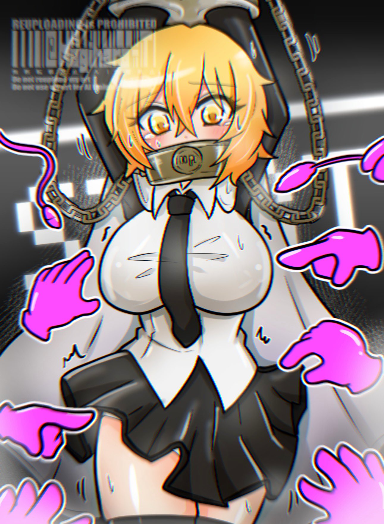 1girls, arms up, black necktie, blonde hair, blush, breasts, cape, chained, chained wrists, chains, collar, don quixote (limbus company), egg vibrator, handcuffs, index (identity) (project moon), index don quixote, large breasts, limbus company, long sleeves, multiple hands, necktie, project moon, shirt, short hair, skirt, thighhighs, underwear, white cape, white shirt, yellow eyes