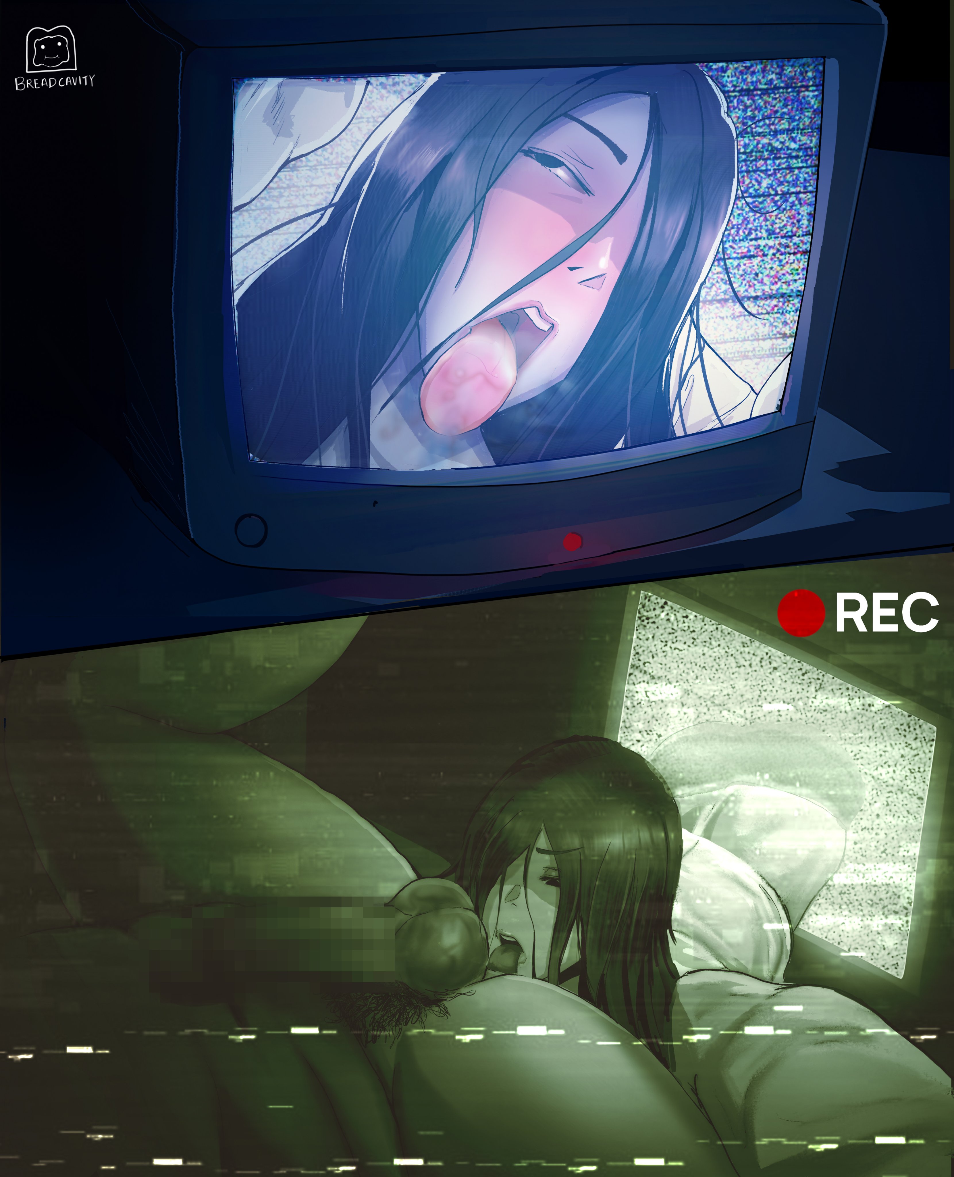 1boy, 1girls, absurdres, anilingus, balls, black hair, blush, breadcavity, censored, female, ghost, highres, long hair, male, mosaic censoring, penis, recording, rimming, tagme, testicles, the ring, through medium, through screen, tongue, tongue out, tv, yamamura sadako