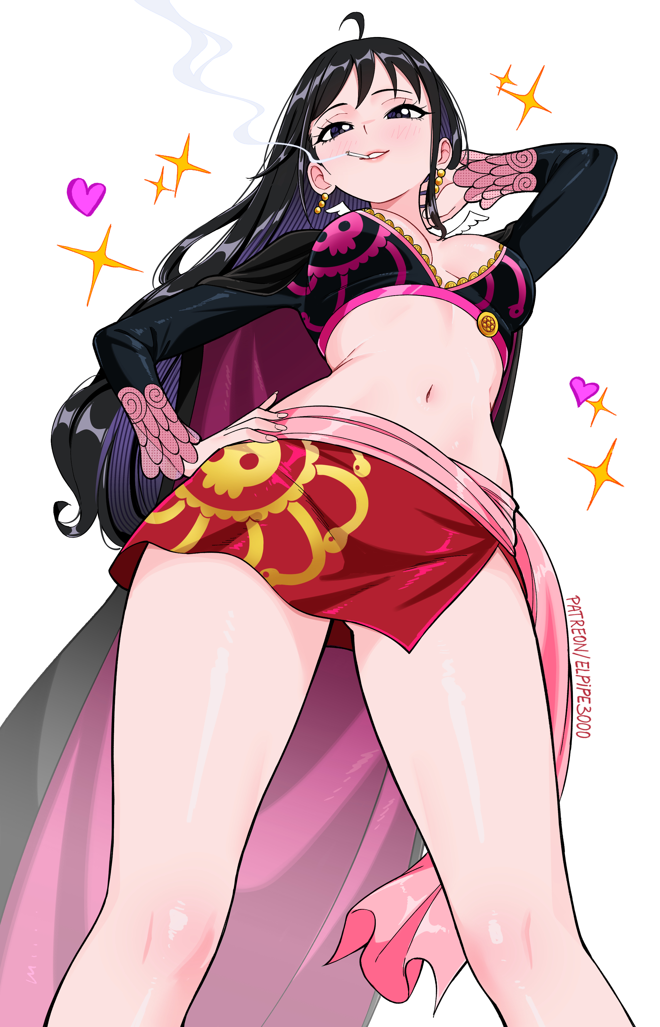 1girls, bare legs, bare thighs, big breasts, black hair, black-haired female, breasts, cigarette, clothed, clothing, color, elpipe3000, female, female focus, female only, hi res, large breasts, light skin, light-skinned female, long hair, looking at viewer, one piece, shakuyaku, shounen jump, smoking, solo, solo female, tagme, thick thighs