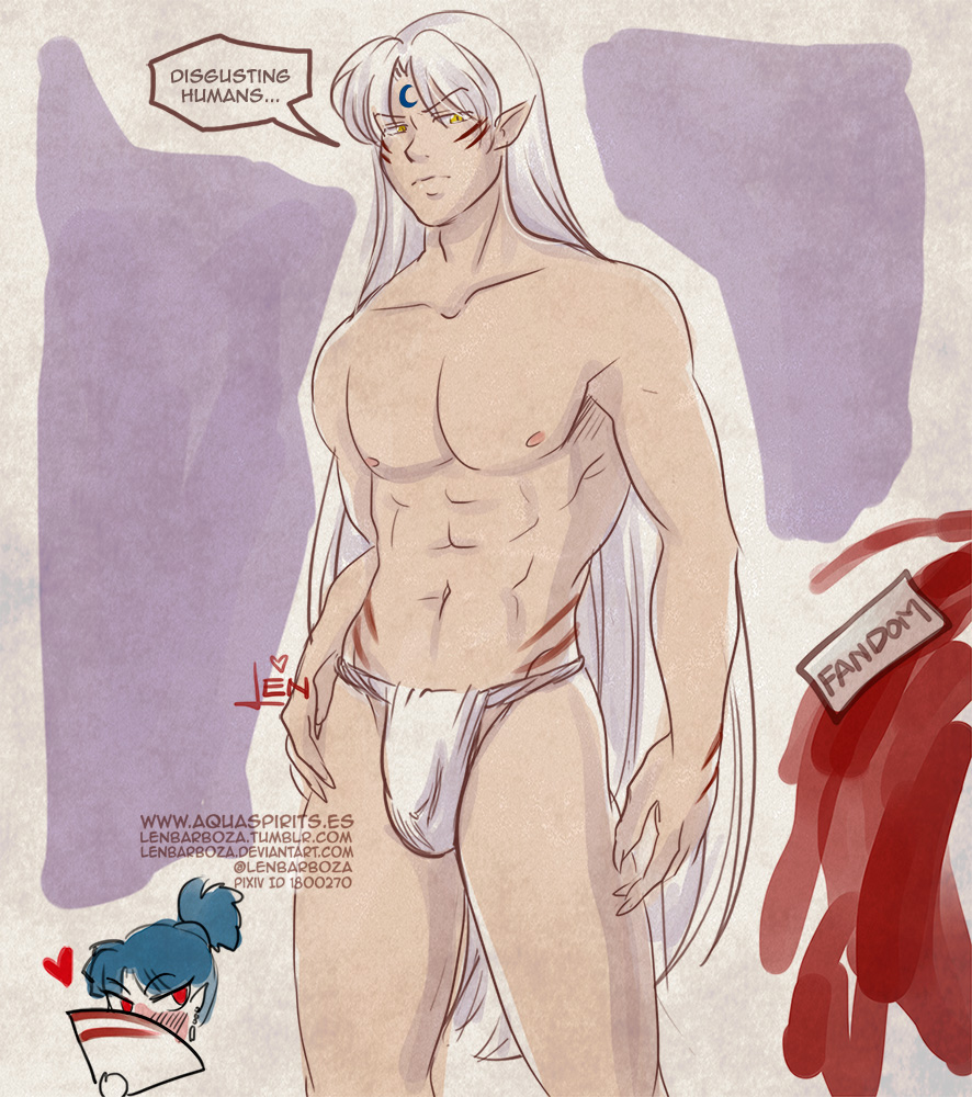 1boy 1girls aquarina chibi female fundoshi inuyasha kagura_(inuyasha) male male_focus sesshoumaru