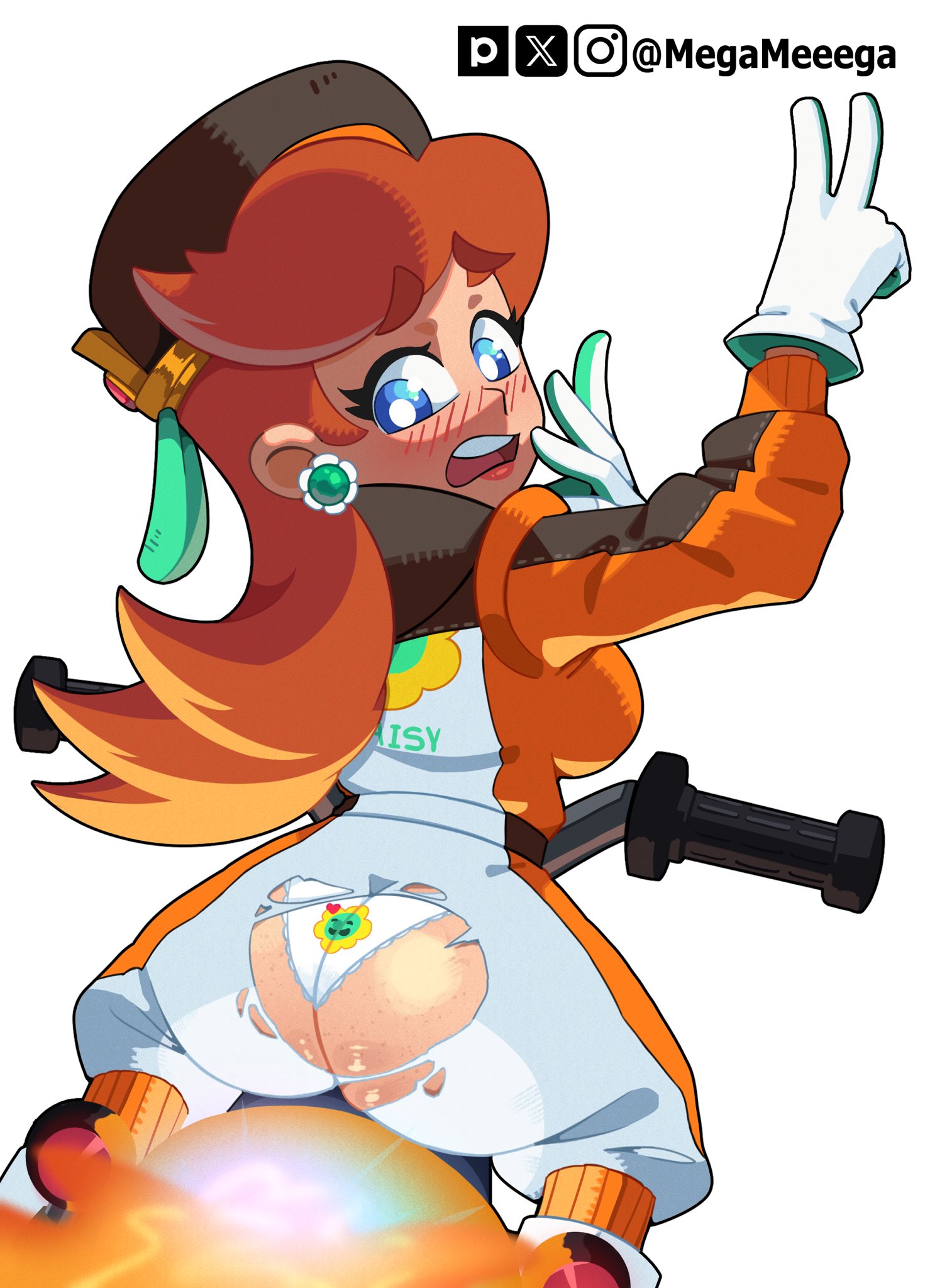 1girls, ass, ass focus, blue eyes, cap, mario (series), mario kart, mario kart world, megameeega, nintendo, panties, princess daisy, princess daisy (pro racer), ripped clothing, smile, wardrobe malfunction