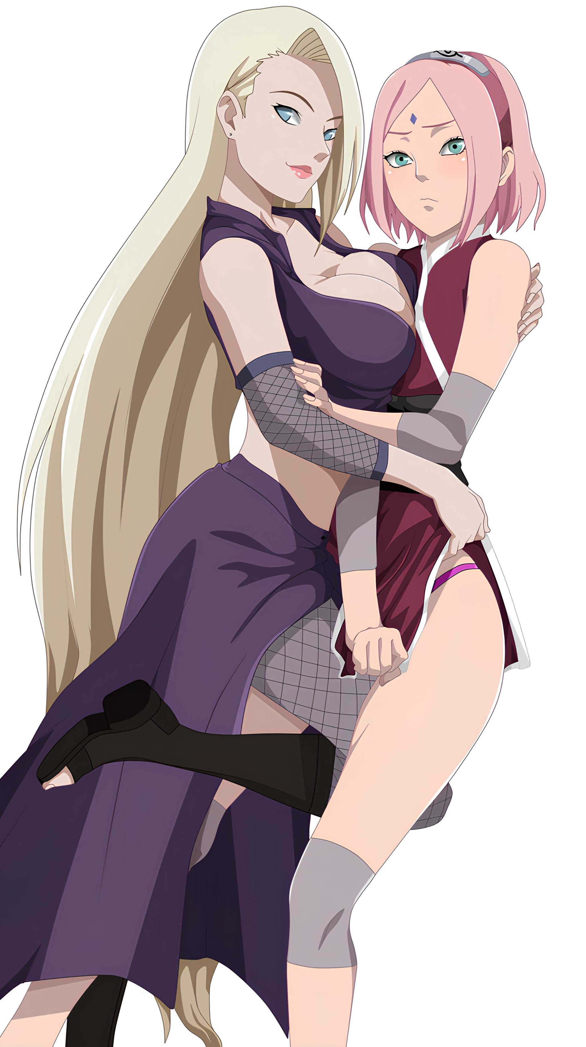 2girls, annoyed, artist request, asymmetrical docking, blonde hair, blue eyes, blush, boots, breast press, breasts, cleavage, clothes lift, earrings, facial mark, female, female focus, fishnet gloves, fishnet thighhighs, fishnets, flat chest, forehead mark, forehead protector, friends, gloves, green eyes, height difference, hug, imminent penetration, ino yamanaka, jewelry, konohagakure symbol, large breasts, leg up, lipstick, long hair, long skirt, looking at viewer, makeup, multiple females, multiple girls, naruto, naruto (series), naruto: the last, open-toe boots, panties, panty peek, pink hair, pink lips, sakura haruno, shirt lift, short hair, simple background, skirt, small breasts, smile, take your pick, thighhighs, toes, underwear, very long hair, white background, yuri