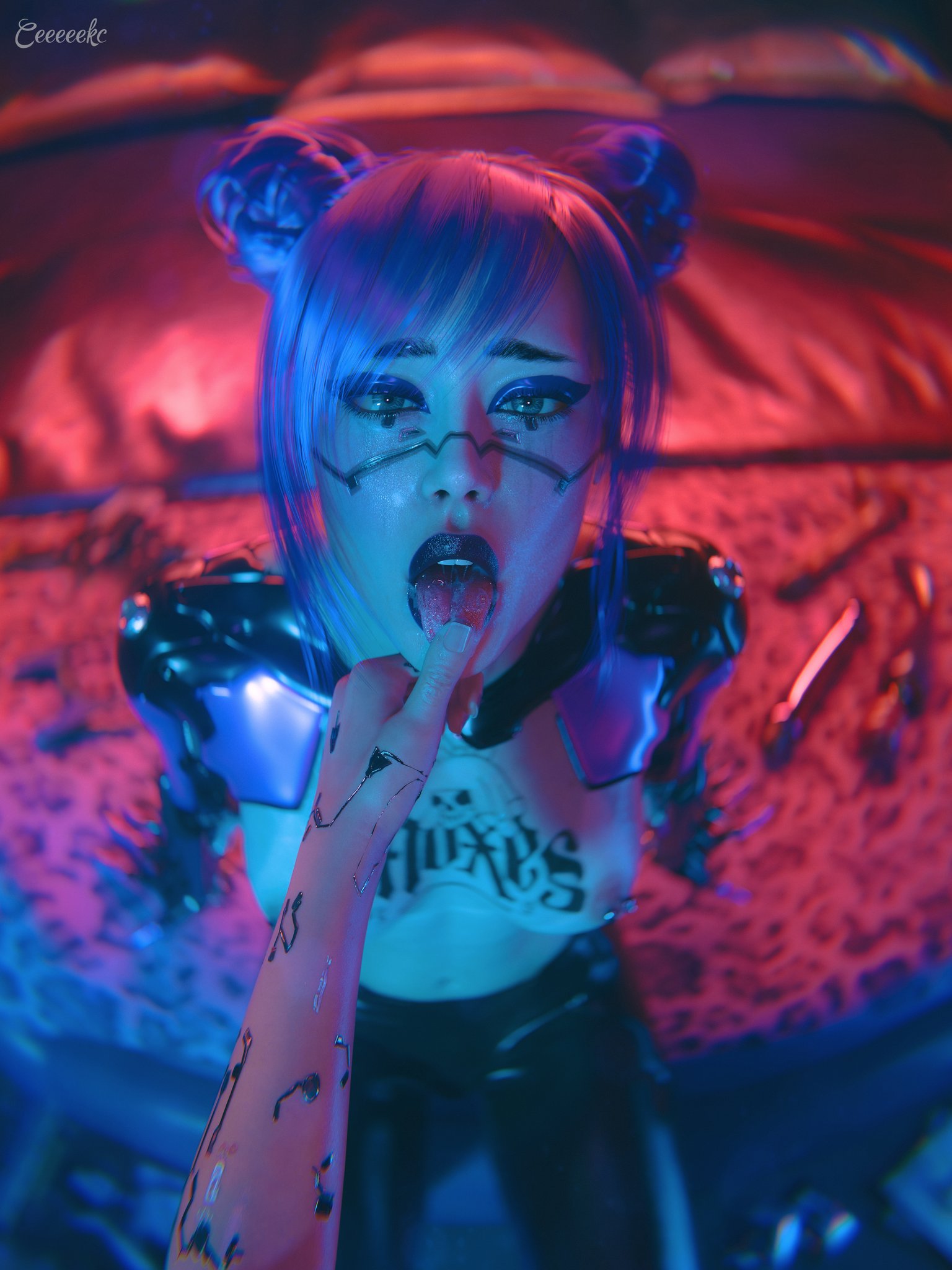 2025, 2girls, 3d, areolae, breasts, ceeeeekc, cybernetic limb, cybernetics, cyberpunk 2077, detailed background, female, female only, finger on lip, indoors, multiple females, multiple girls, nipples, open mouth, pov, rita wheeler, sticking out tongue, sticking tongue out, tagme, tight pants, topless, topless female
