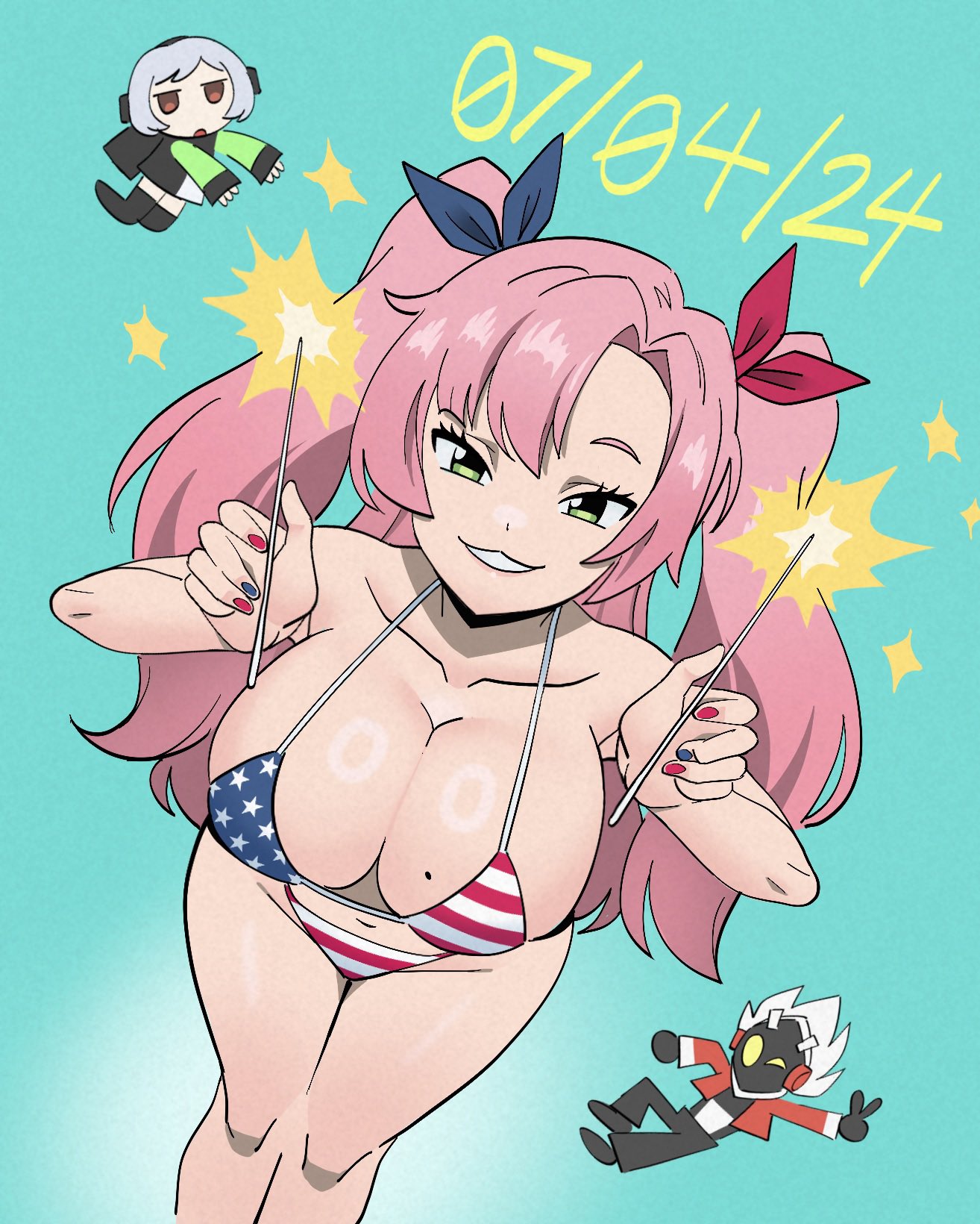 1girls, 2024, 4th of july, alternate costume, american flag, american flag bikini, american flag print, anby demara, bikini, billy kid (zenless zone zero), blue nails, breasts, chibi, chibi inset, cleavage, dated, feet out of frame, female, fingernails, fireworks, flag print, flag print bikini, fourth of july, full body, green eyes, grin, hair ribbon, hands up, highres, holding, holding fireworks, kewlbot, large breasts, leaning forward, long hair, looking at viewer, male, mole, mole on breast, multicolored nails, nail polish, nicole demara, parted lips, pink hair, print bikini, red nails, ribbon, smile, solo, sparkler, swimsuit, two side up, zenless zone zero