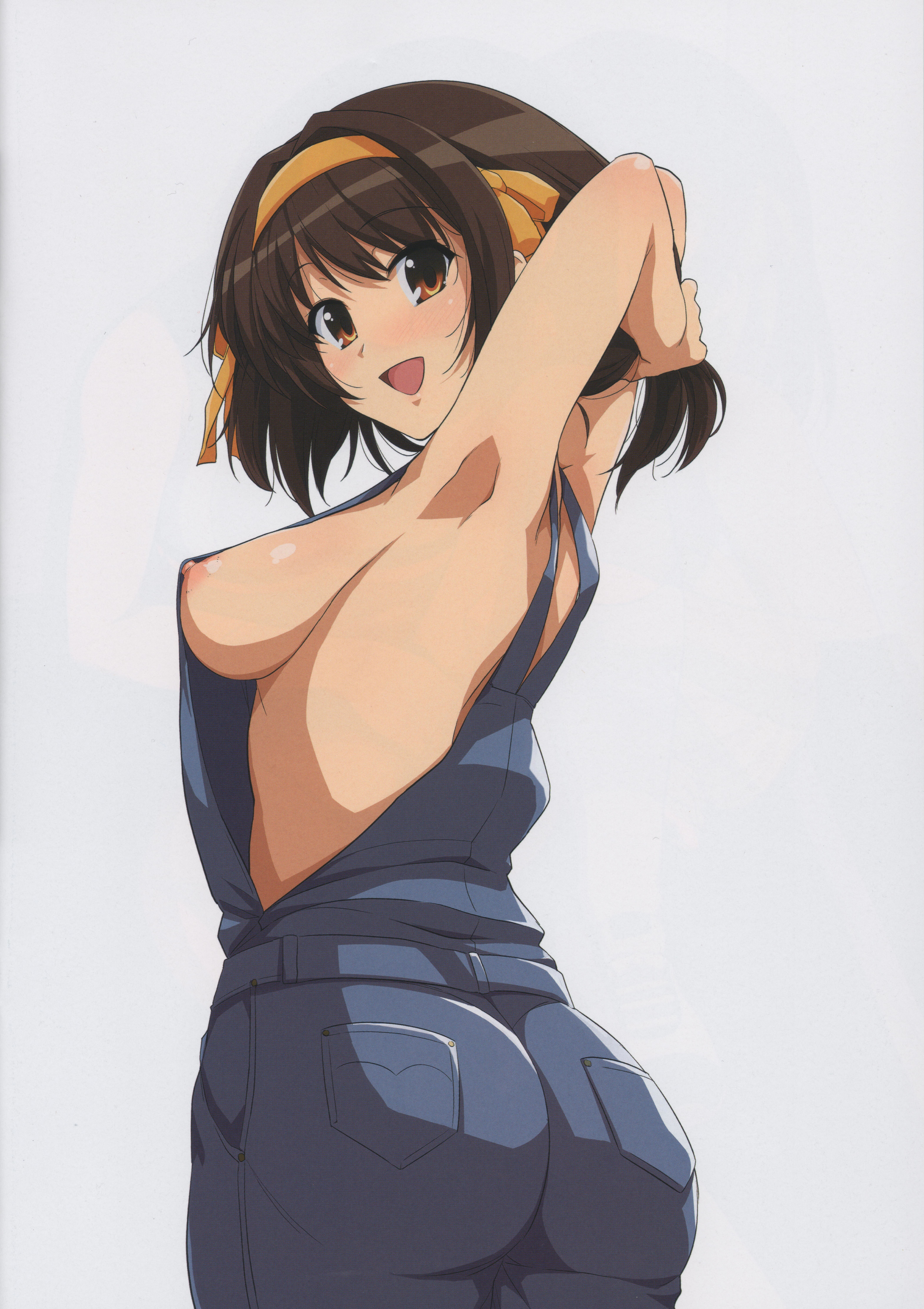 :d, absurdres, armpits, arms up, ass, bangs, breasts, brown eyes, brown hair, clothing, female, hairband, haruhisky, highres, holding, holding hair, large breasts, looking at viewer, medium breasts, naked overalls, nipple slip, nipples, open mouth, overalls, scan, short hair, sideboob, smile, solo, suzumiya haruhi, suzumiya haruhi no yuuutsu, white background