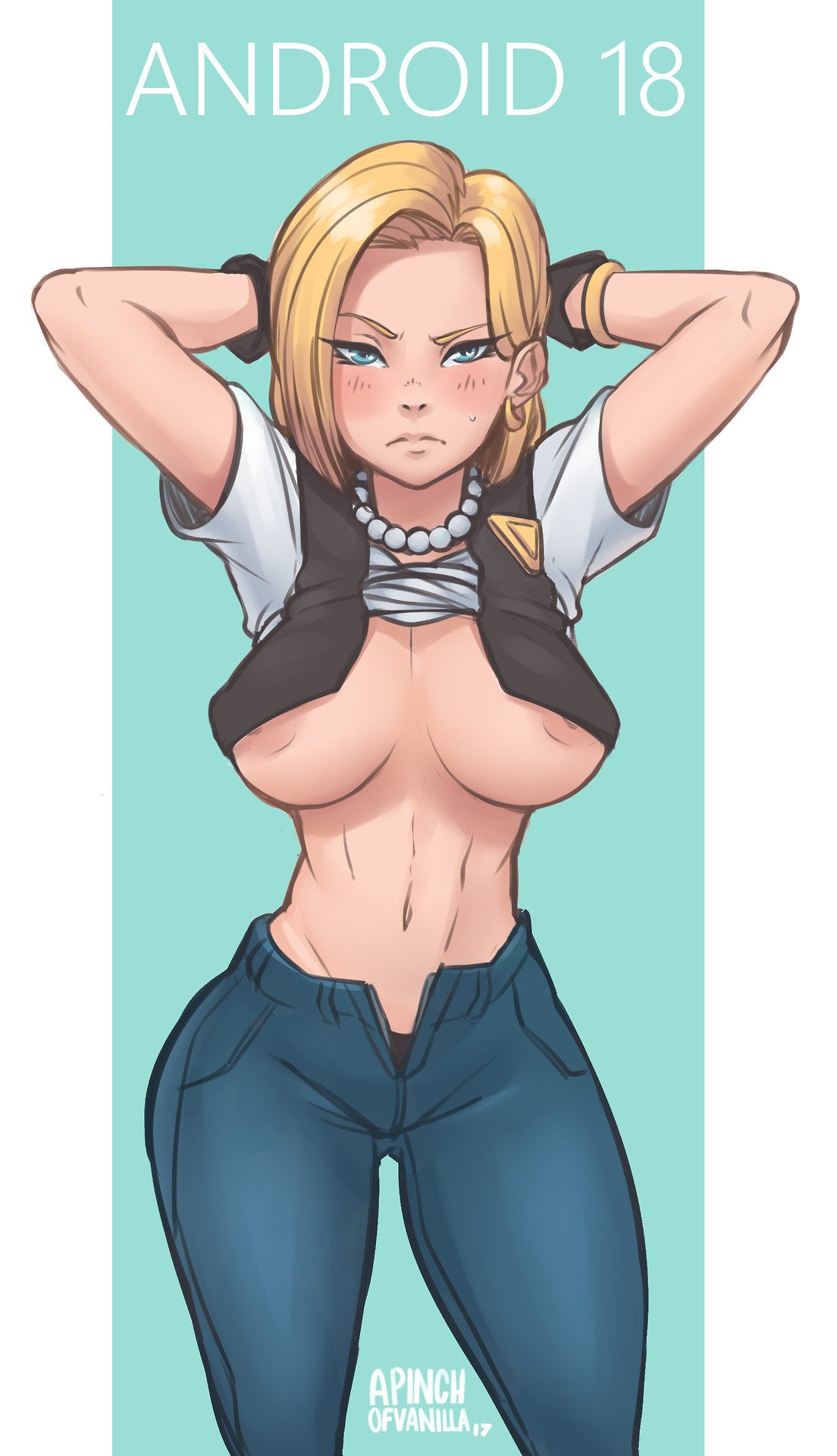 1girls, a pinch of vanilla, abs, android 18, arms behind head, arms up, blonde hair, blue eyes, blush, breasts, cleavage, dragon ball, dragon ball z, erect nipples, female, female only, human, large breasts, milf, navel, nipples, puffy nipples, short hair, solo, wide hips