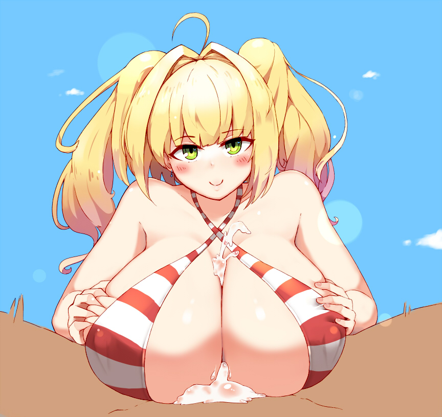 1boy ahoge bikini blonde_hair blush breast_squeeze breasts c: cleavage cum cum_on_breasts fate/extra fate/grand_order fate_(series) female green_eyes huge_breasts kion-kun long_hair long_twintails looking_at_viewer naughty_face nero_claudius_(fate) nero_claudius_(swimsuit_caster) outdoors paizuri red_bikini red_swimsuit smile solo_focus straight striped_bikini swimsuit twintails