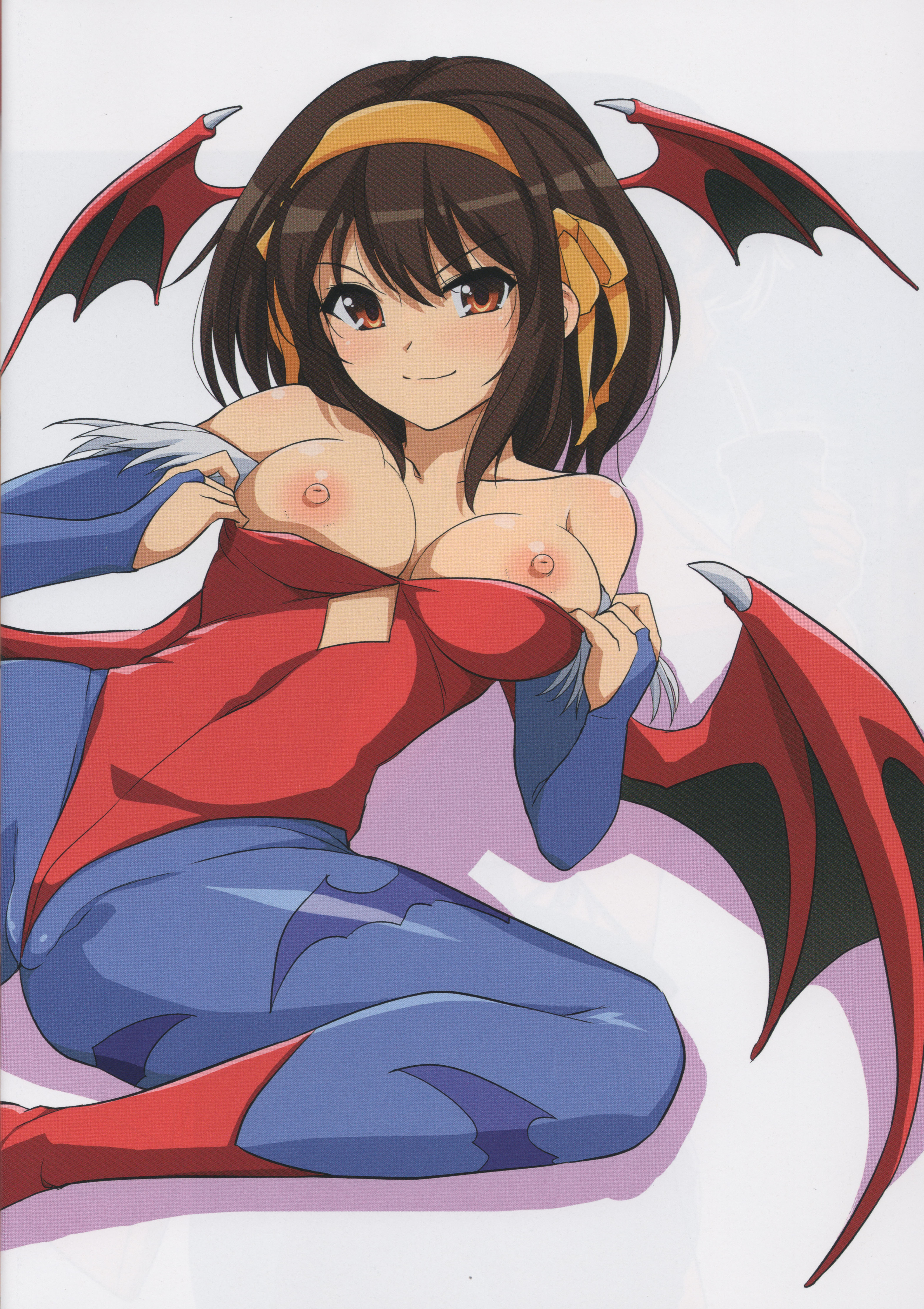 absurdres, armlet, breasts, brown eyes, brown hair, cleavage, clothing, cloud, collarbone, cosplay, darkstalkers, female, hairband, haruhisky, highres, large breasts, lilith aensland, lilith aensland (cosplay), pantyhose, small breasts, suzumiya haruhi, suzumiya haruhi no yuuutsu