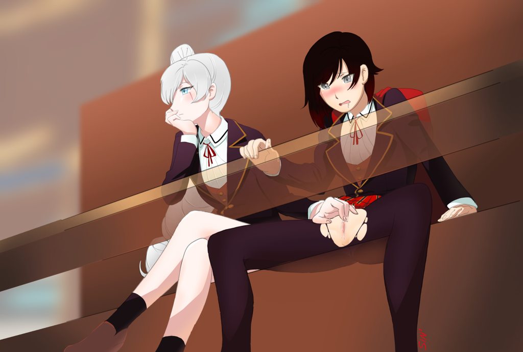 2girls, black hair, blue eyes, blush, bored, cape, clitoris, drool, female, fingering, hand on chin, lesbian sex, looking away, multiple girls, open legs, open mouth, public, public indecency, pussy, red hair, red highlights, ripped clothing, rubbing clitoris, ruby rose, rwby, scar, school uniform, silver eyes, sinccubi, torn pantyhose, weiss schnee, white hair, yuri