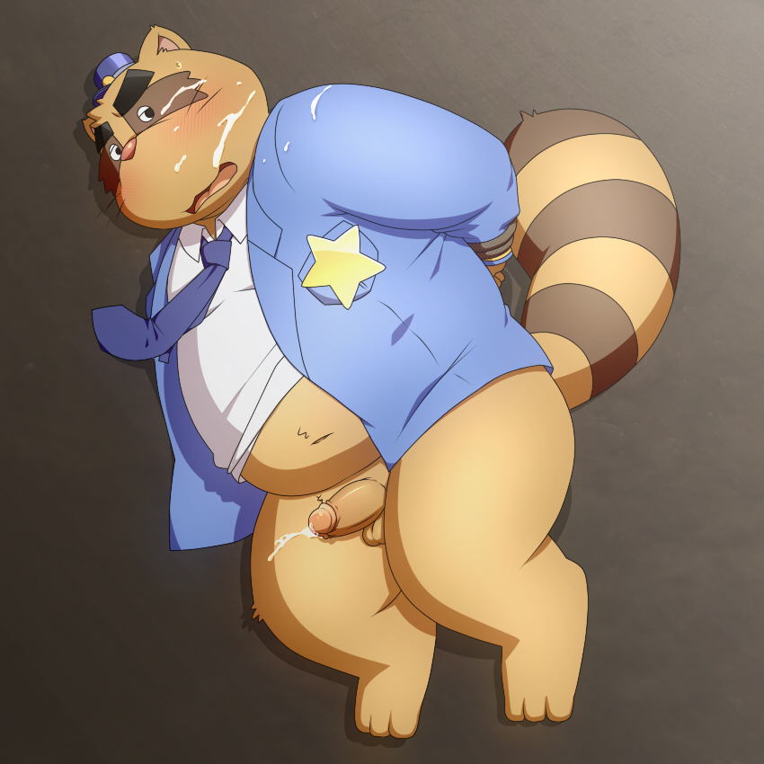 alice_detective_bureau blush clothing cum cum_on_face hat inspector_arai male male_only mammal overweight overweight_male penta002 police raccoon shirt solo