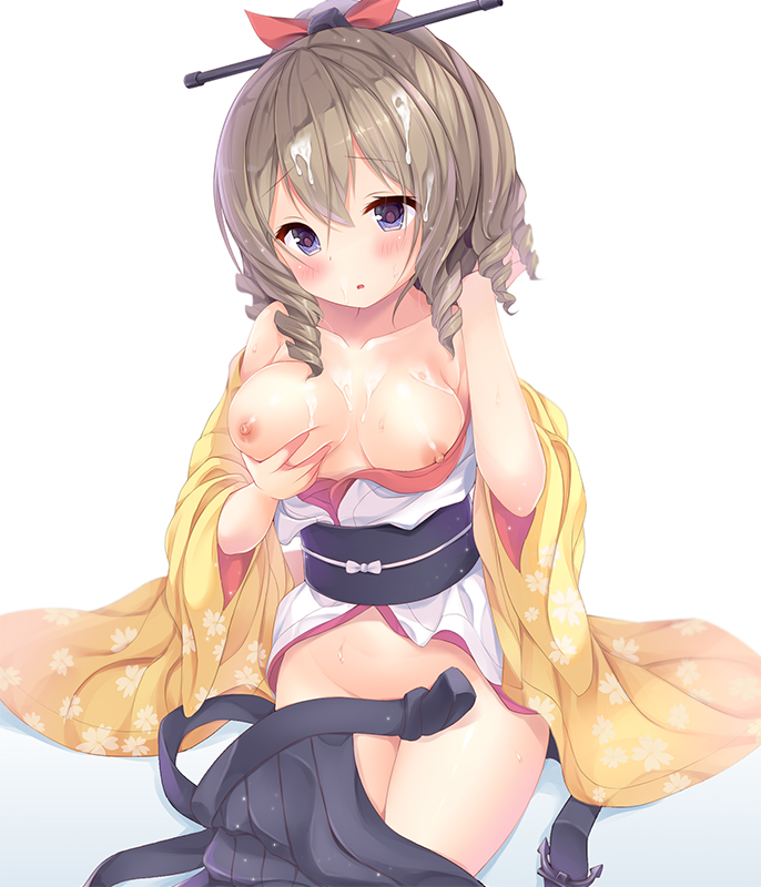 black_hakama blue_eyes breasts collarbone cum cum_on_body cum_on_breasts cum_on_hair cum_on_upper_body drill_hair female hakama haori hatakaze_(kantai_collection) jan_(janpx2012) japanese_clothes kantai_collection kimono light_brown_hair medium_breasts meiji_schoolgirl_uniform nipples open_mouth ponytail short_hair solo wide_sleeves yellow_kimono