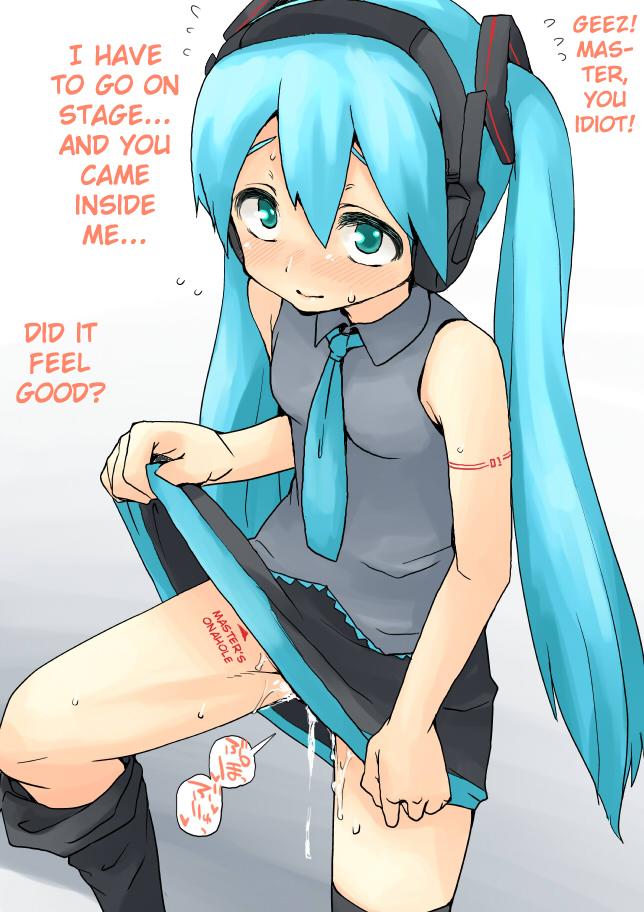 after_sex aqua_eyes aqua_hair bad_id blush body_writing cum cum_in_pussy cumdrip female hard_translated hatsune_miku long_hair man_(man-room) necktie pussy_juice skirt skirt_lift smile solo sweatdrop thighhighs translated twintails vocaloid