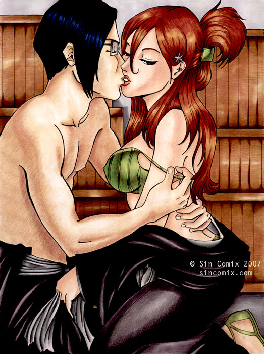 1boy 1girls 2007 bleach bra breasts female glasses inoue_orihime kissing male orange_hair sincomix straight uryu_ishida