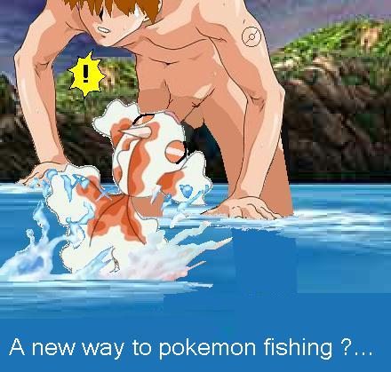 1boy brown_hair edited english english_text fellatio fish fishing fishjob goldeen hair_over_eyes human male nude oral penis pokemon pokephilia smooth_skin sucking