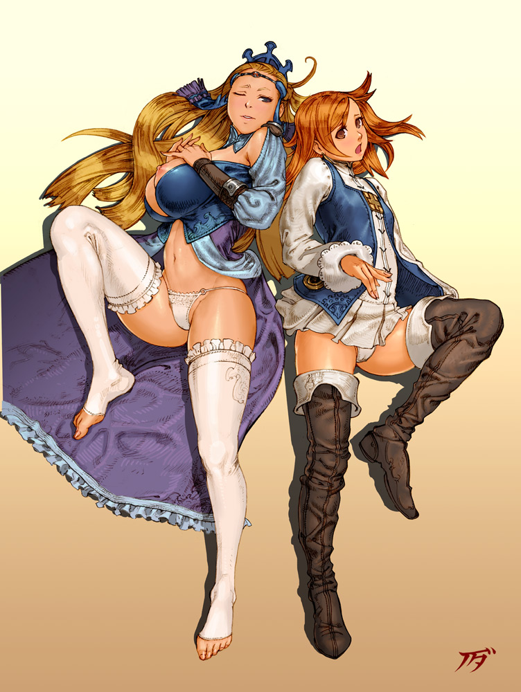 blonde_hair blue_eyes boots breasts brown_eyes feet female female_only final_fantasy final_fantasy_iii garters huge_breasts kanda_(ura-kanda) lace-trimmed_panties large_breasts long_hair lying multiple_girls nipple on_back orange_hair panties princess_sara_(final_fantasy) refia sara_altney skirt small_breasts thigh_boots thighhighs toeless_socks underwear ura-kanda urakanda white_legwear white_panties wink