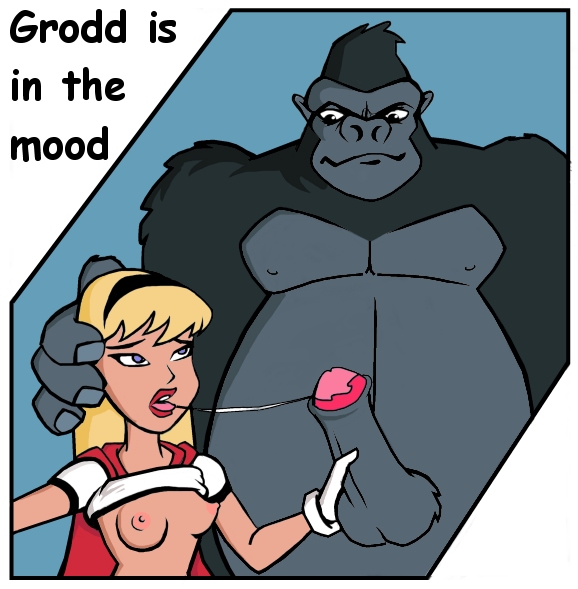 1boy 1girls blonde_hair breasts_out cum_in_mouth dc_comics dcau english_text erection eye_contact female gorilla gorilla_grodd hetero hoaxman interspecies justice_league justice_league_unlimited kryptonian long_hair penis penis_grab primate red_cape red_lips red_lipstick saliva_string shirt_lift short_sleeves size_difference small_breasts supergirl topless uncensored white_gloves white_shirt