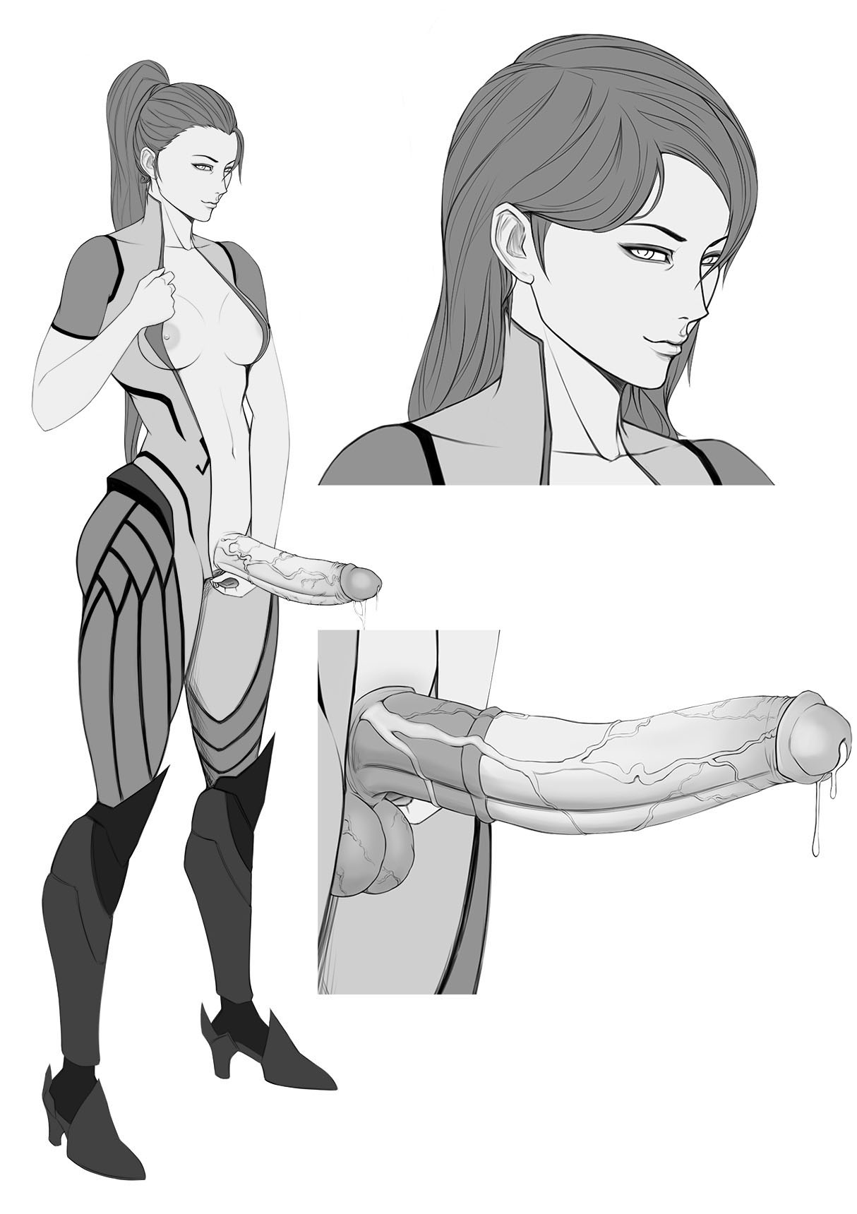 1futa, 624 (artist), animal genitalia, areolae, breasts, dickgirl, erection, futa only, futanari, horsecock, horsecock futa, huge cock, human with animal genitalia, human with horsecock, intersex, monochrome, nipples, overwatch, penis, solo, widowmaker