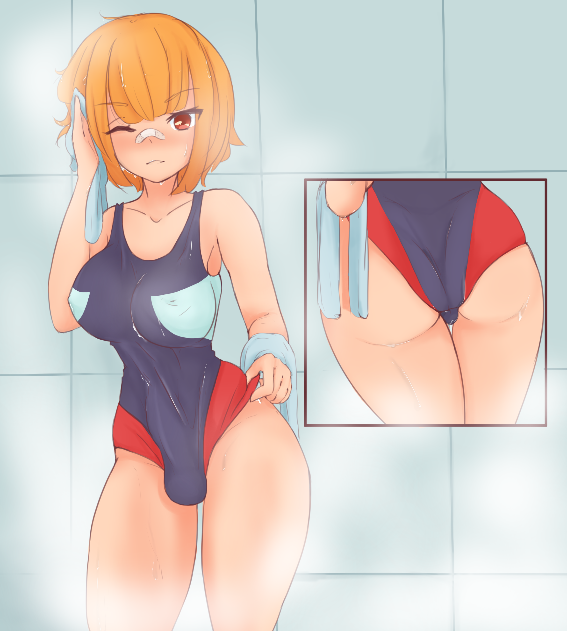 1futa, bulge, futanari, intersex, one eye closed, orange eyes, orange hair, penny krieger, poduu, solo futa, steam, swimsuit