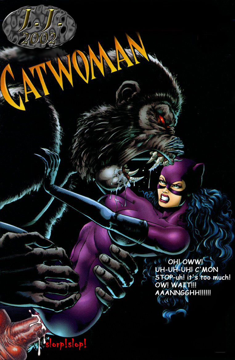 1boy 1girls 2002 angry angry_face angry_sex batman_(series) black_hair bodysuit catsuit catwoman clenched_teeth cum cum_inside dc_comics english_text female gorilla gorilla_grodd huge_cock interspecies interspecies_rape j.j. opera_gloves penis primate rape size_difference snarl straight uncensored vaginal_penetration zoophilia