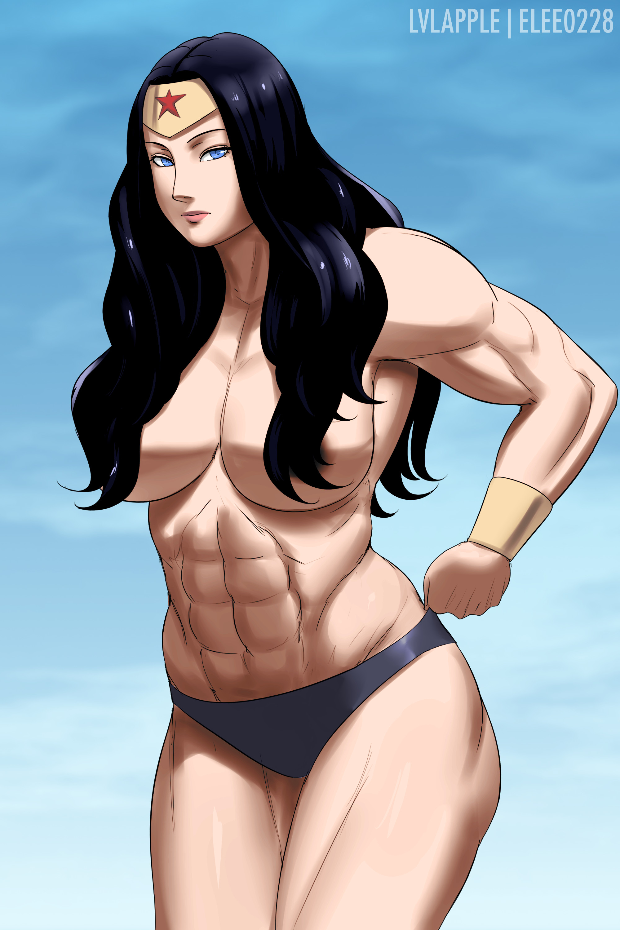 abs, black hair, blue eyes, breasts, dc, dc comics, elee0228, female, female only, long hair, looking at viewer, lvl, muscles, muscular, muscular female, solo, toned, wonder woman, wonder woman (series)