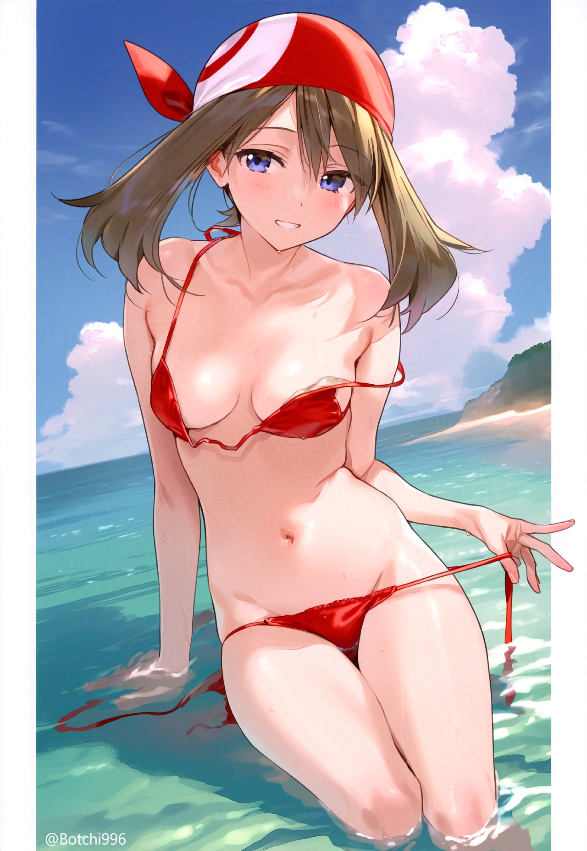 ai generated, bandana, beach, bikini, bikini pull, botchi996, female, may (pokemon), nintendo, ocean, pokemon, red bikini, tagme, water