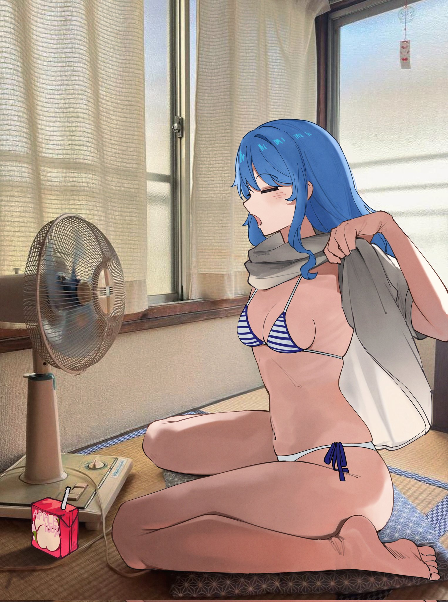 1girls, belly button, bra, breasts, cleavage, closed eyes, cooling off, fan, feet, female, hololive, hololive gen 0, hololive japan, hoshimachi suisei, medium breasts, mr thecatman, panties, petite, shirt lift, tagme, virtual youtuber, vtuber