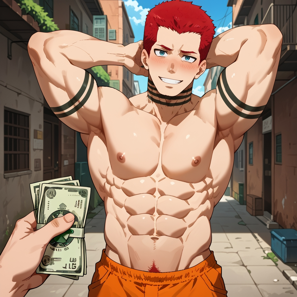 abs ai_generated alley arms_behind_head arms_up bara blush blush chest enen_no_shouboutai fire_force gay male money muscle muscles muscular muscular_male nervous nervous_smile offering_money pecs pov pov_hands red_hair smiling smiling_at_viewer tattoo tattoo_on_arm tattooed_arm tattoos vulcan_joseph