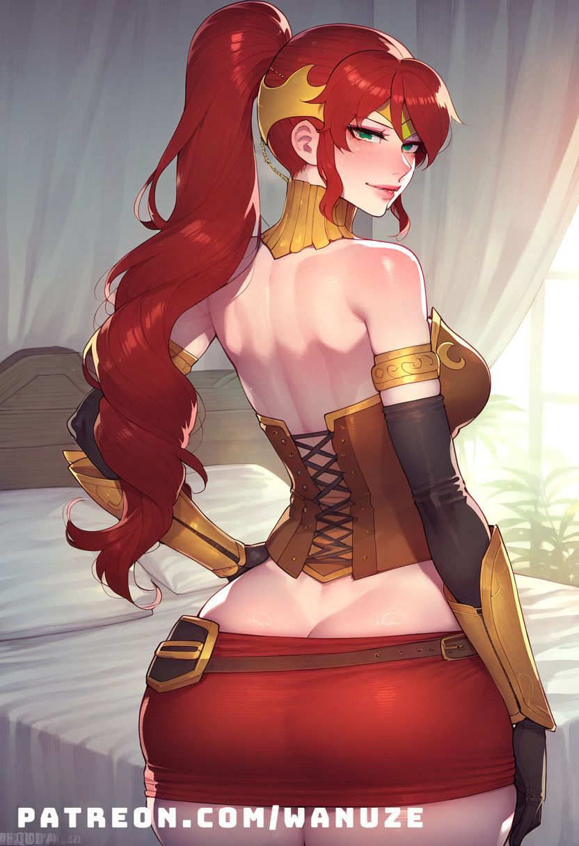 ai_generated big_ass big_breasts big_butt big_thighs blush elbow_gloves from_behind from_behind_position gloves green_eyes huge_ass huge_butt huge_thighs medium_breasts pyrrha_nikos red_hair rwby wanuze wide_hips