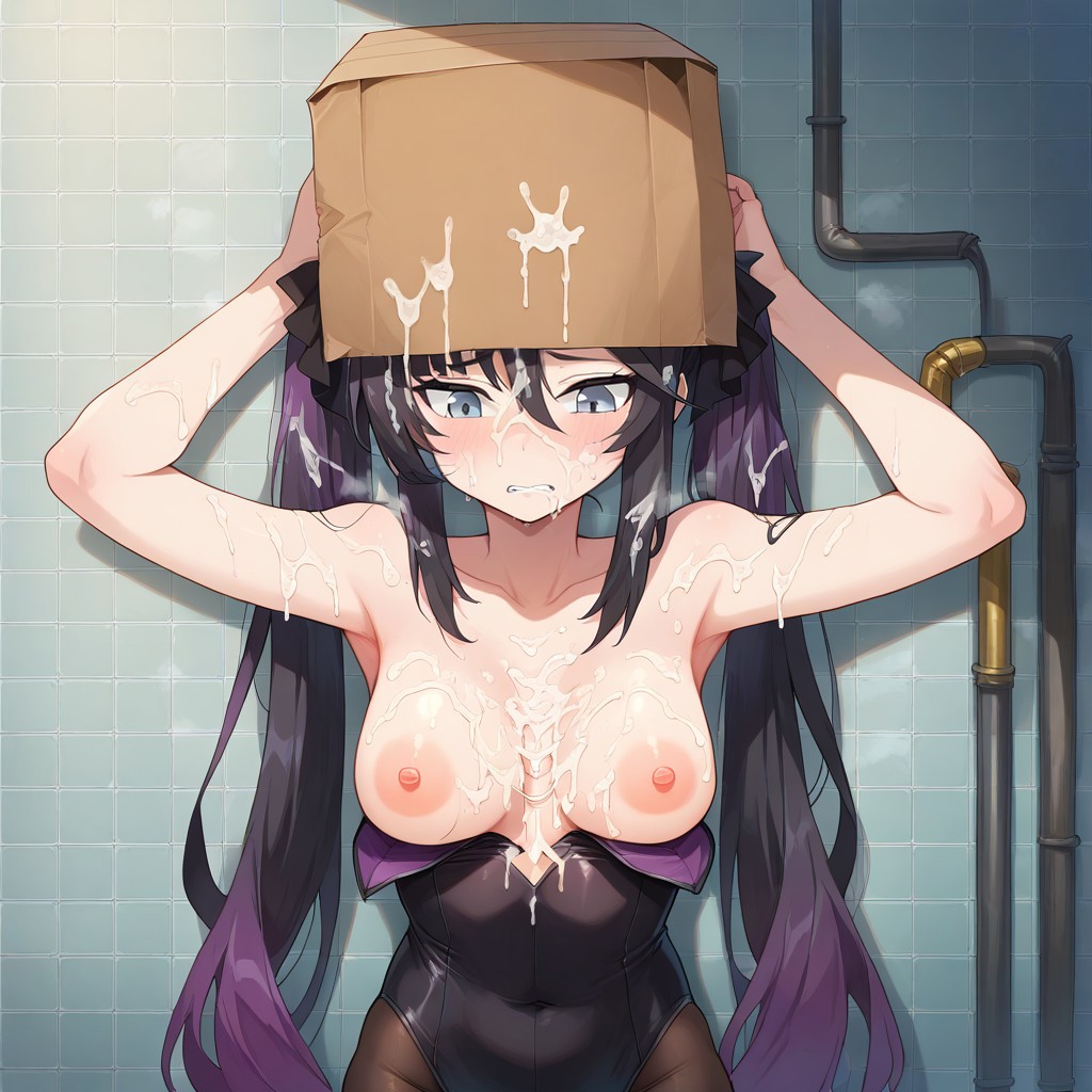 ai generated, arms behind head, blush, box, box on head, breast grab, breasts, breasts out, bukkake, clothing, cum, cum on face, excessive cum, female, flat chest, genshin impact, medium breasts, mona (genshin impact), nipples, shiny skin, small breasts, teeth