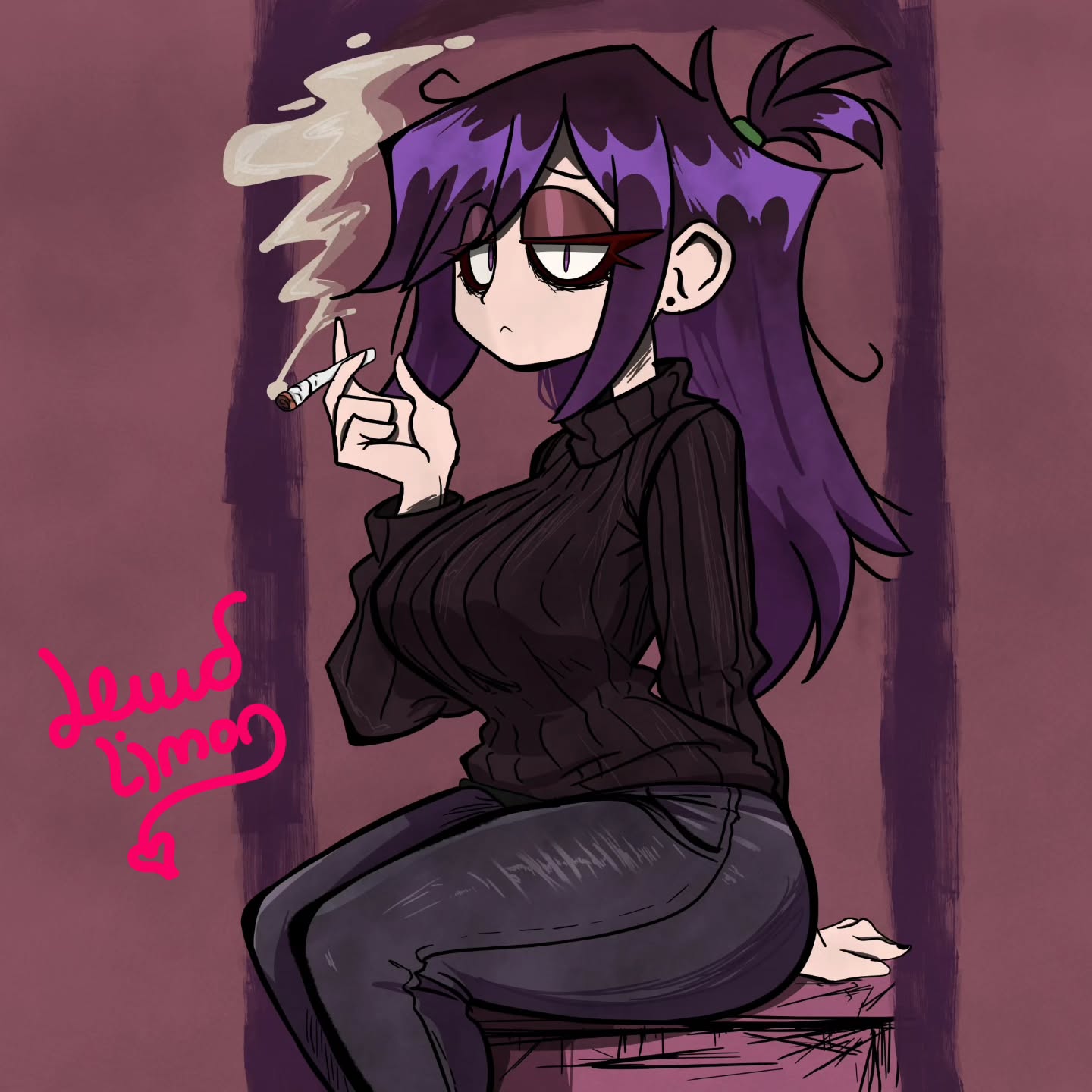 artist_signature big_breasts black_pants black_sweater breasts cigarette cigarette_in_hand dark_hair eyeshadow fair-skinned_female fair_skin goth goth_girl gothic lewdlimon looking_bored looking_off_screen purple_hair resting_bitch_face sitting sitting_down sitting_on_desk smoking sweater