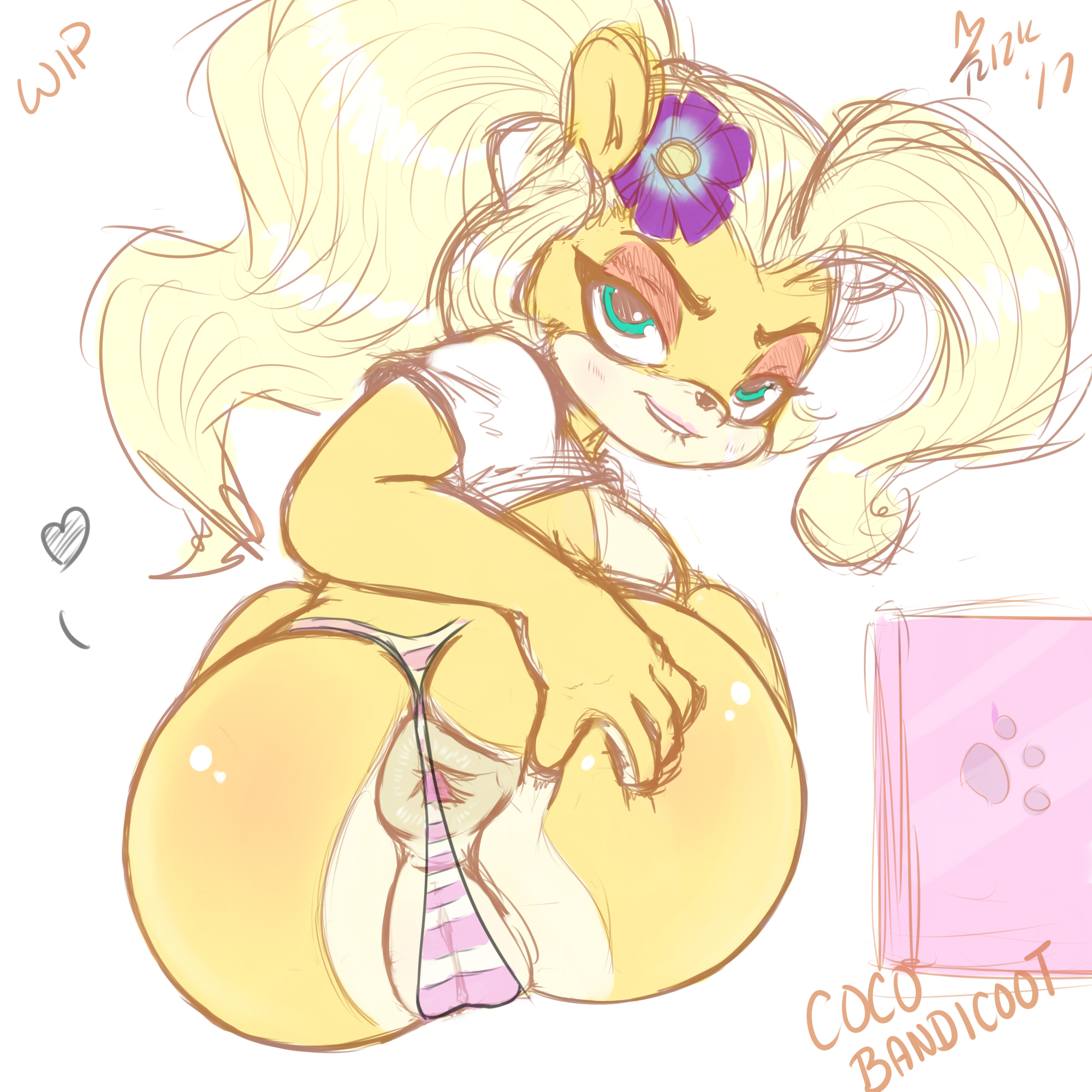 activision, aer0 zer0, anthro, anus, ass, bandicoot, bedroom eyes, big anus, big ass, big butt, biting lip, blonde hair, bra, cameltoe, clothing, coco bandicoot, computer, crash bandicoot (series), electronics, eyebrows, eyelashes, female, flower, green eyes, hair, half-closed eyes, heart, hi res, laptop, large ass, looking at viewer, mammal, marsupial, panties, partially visible vulva, plant, ponytail, pussy, seductive, smile, solo, spreading, teasing, underwear, video games