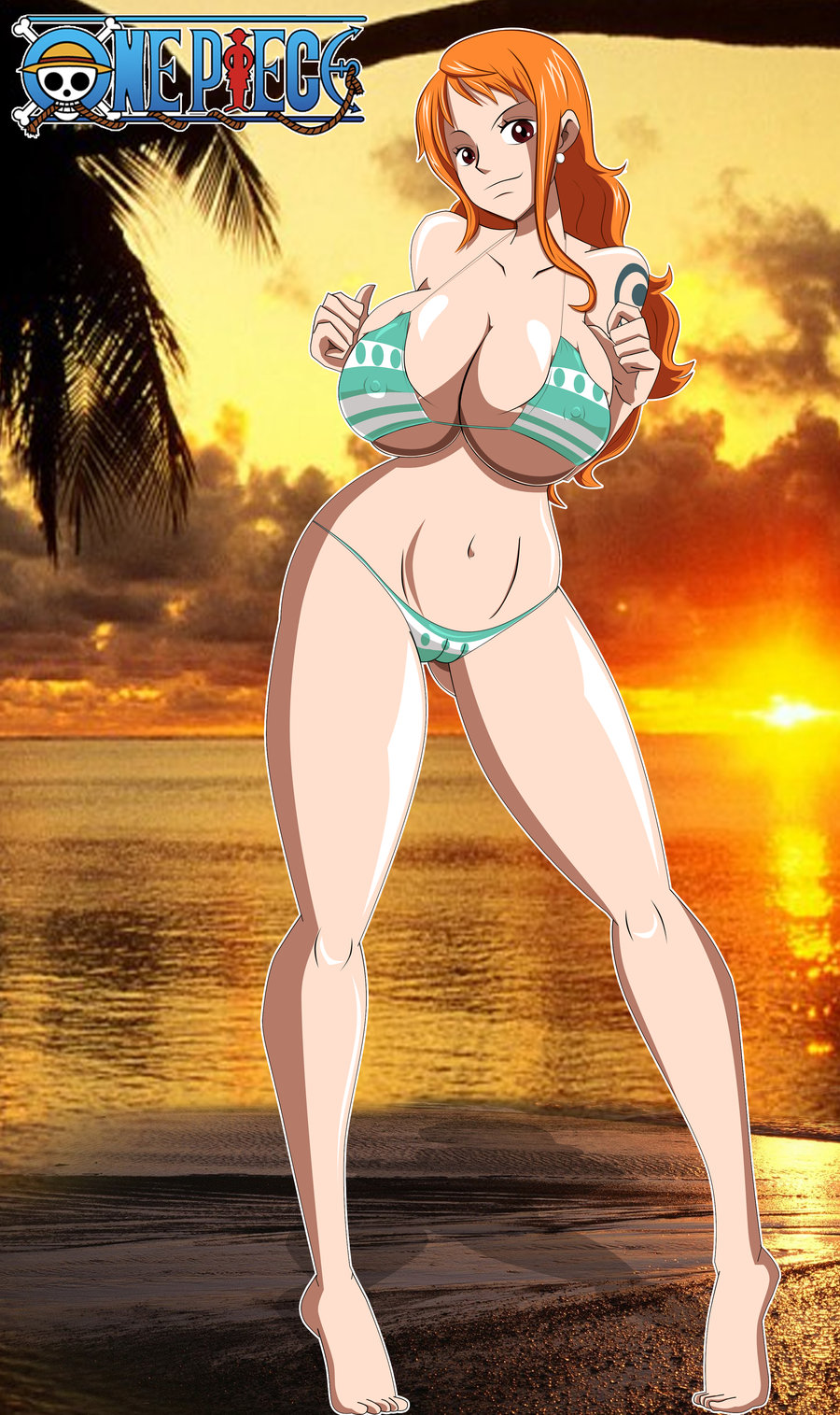 adult swim, bikini, blue tattoo, breasts, busty, cleavage, clothing, collarbone, detailed background, earrings, female, female only, grimphantom, huge breasts, long hair, looking at viewer, nami (one piece), navel, nipple bulge, one piece, orange hair, post-timeskip, solo, striped bikini, tattoo, tattoo on arm, tattooed arm, toonami, white earrings