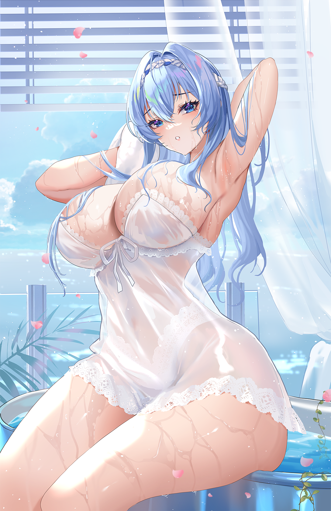 1girls, after bathing, armpits, arms up, aurora rokudo, bathroom, bathtub, blue eyes, blue hair, breasts, cloud, covered navel, curtains, female, goddess of victory: nikke, hair intakes, hair over breasts, hanh chu, helm (nikke), helm (post-shower moment) (nikke), highres, huge breasts, indoors, long hair, looking at viewer, nightgown, official alternate costume, see-through clothes, sideboob, sky, solo, thick thighs, thighs, towel, water, wet, wet hair, white nightgown