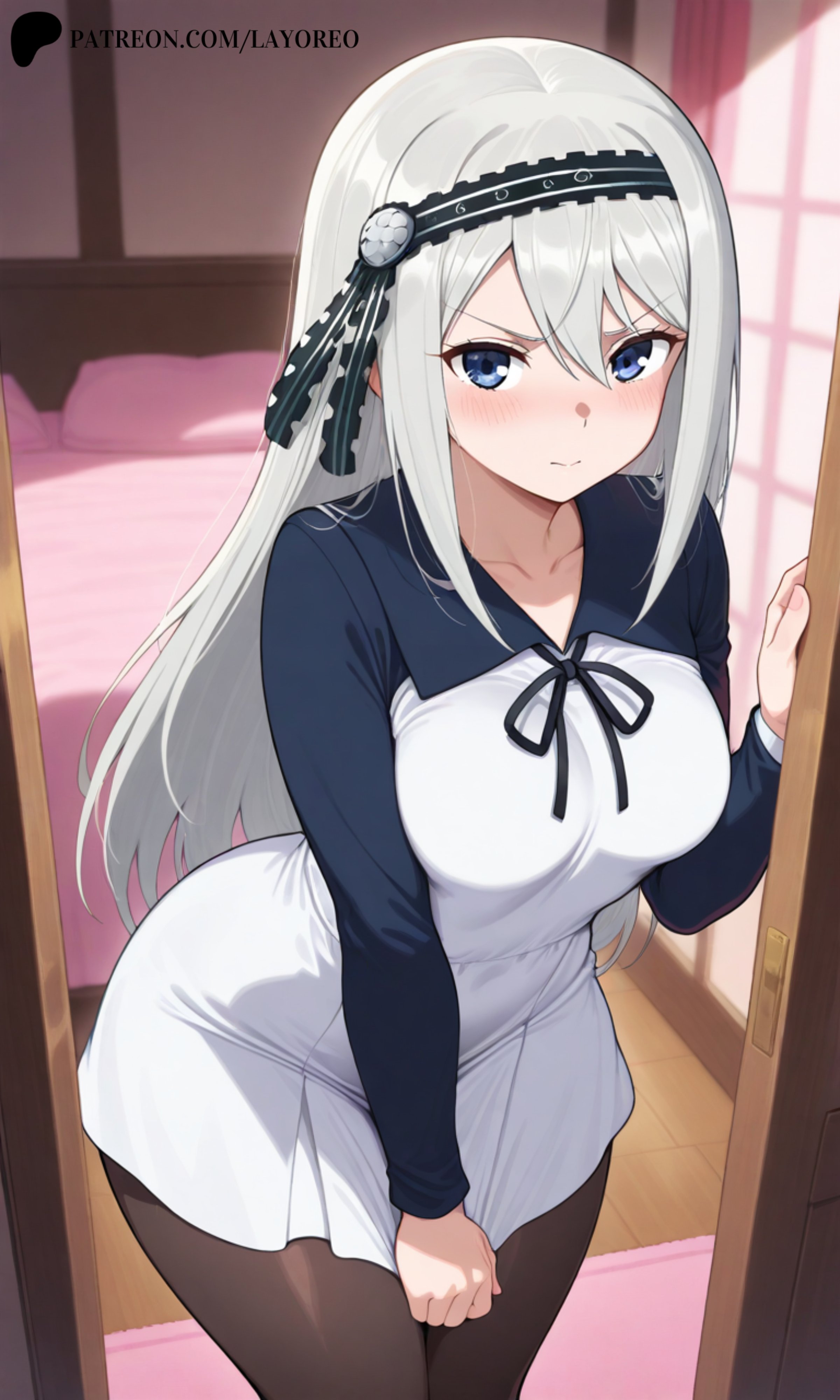 1girls, ai generated, blue eyes, breasts, doorway, dress, female, hair ornament, holding down dress, kaguya-sama wa kokurasetai ~tensai-tachi no renai zunousen~, lay-oreo, looking at viewer, shirogane kei, shy, small breasts, tagme, tights, white hair