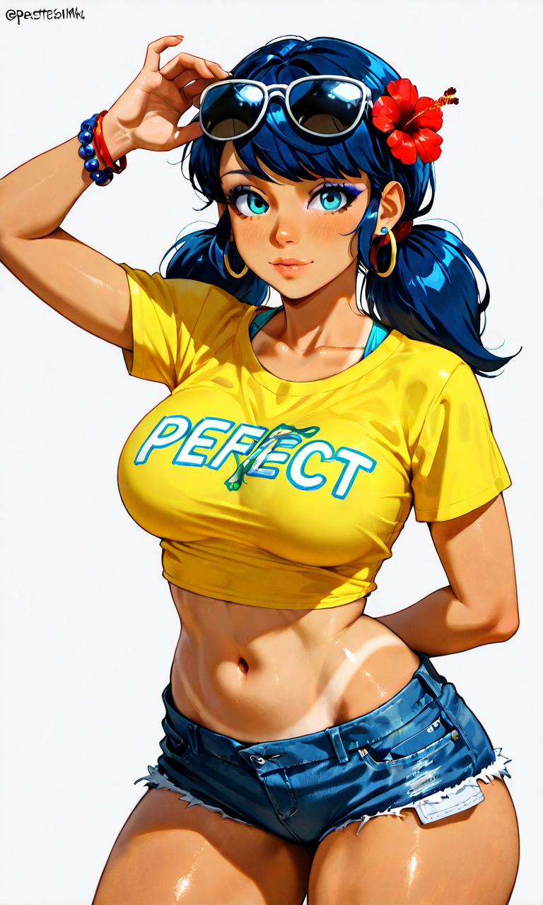 1girls ai_generated bare_arms bare_legs bare_midriff bare_thighs blue_eyes blue_hair bracelets crop_top disney disney_channel earrings eyebrows eyelashes eyeliner eyeshadow flower_in_hair glasses_on_head hand_behind_back hi_res ladybug_(character) large_ass large_breasts looking_at_viewer marinette_cheng marinette_dupain-cheng minishorts miraculous:_tales_of_ladybug_and_cat_noir miraculous_ladybug solo solo_female solo_focus standing tan_body tanline thick_thighs twintails waifufamily