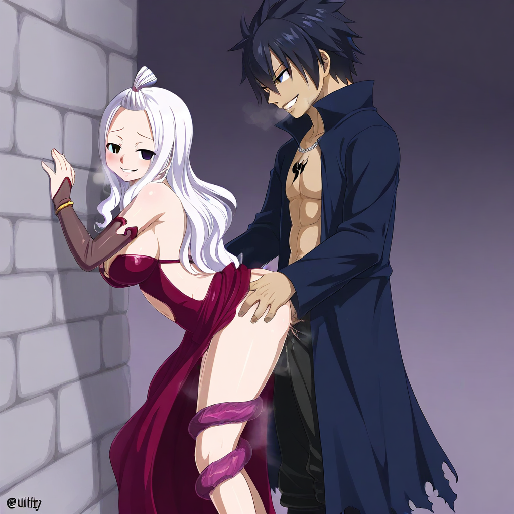 1boy 1girls ai_generated black_hair couple fairy_tail gray_fullbuster mirajane_strauss sensual tentacle white_hair