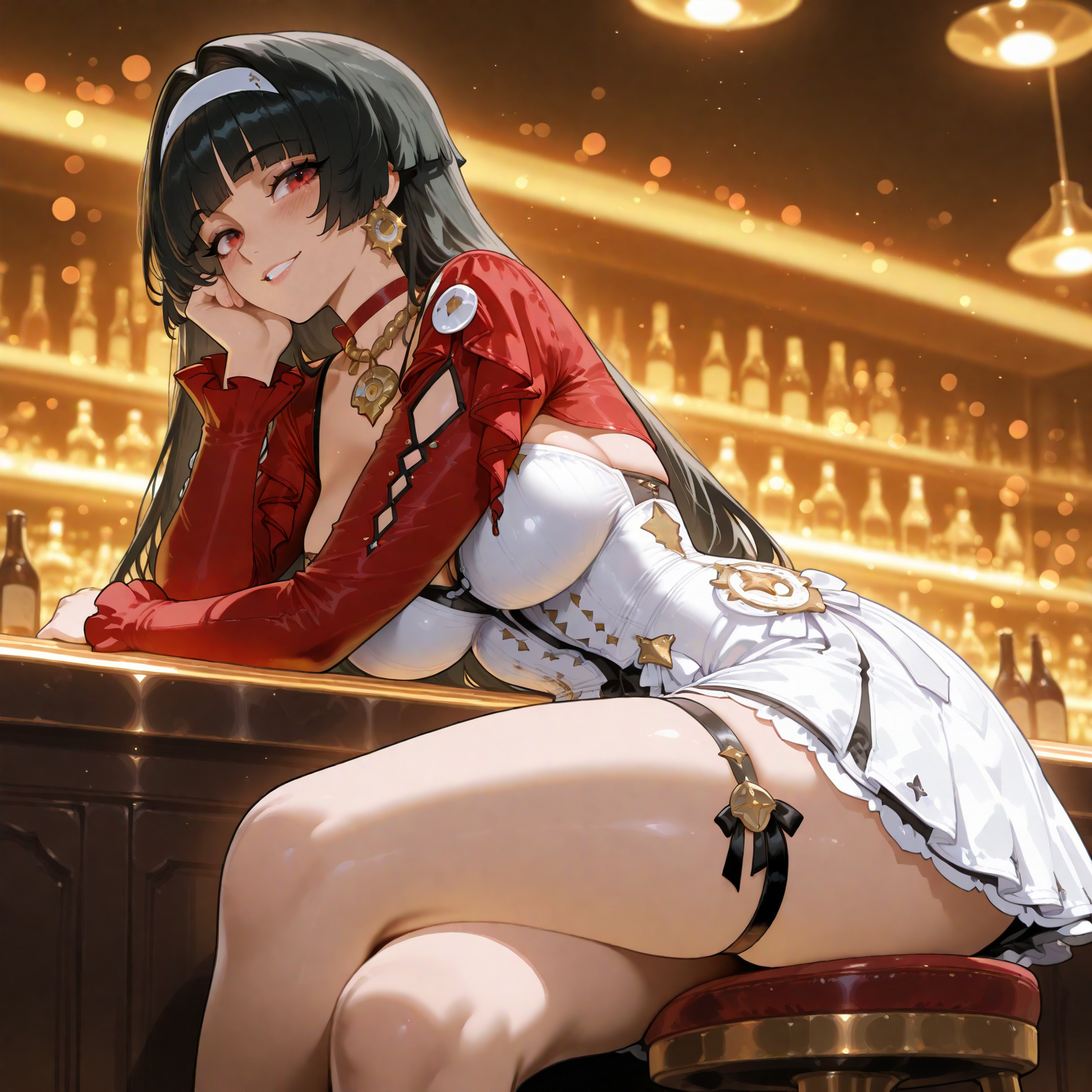 1girls, ai generated, ass, astra yao, bangs, bar (place), bare shoulders, black hair, blunt bangs, blurry, blurry background, blush, bokeh, bottle, breasts, ceiling light, choker, cleavage, clothing, counter, crossed legs, curvaceous, curvaceous female, curvaceous figure, curvy, curvy figure, dress, earrings, elbow rest, feet out of frame, female, female focus, female only, frills, grin, hair intakes, hair ornament, hairband, head rest, headwear, indoors, inviting, inviting to sex, jacket, jewelry, large breasts, lens flare, light particles, long hair, long sleeves, looking at viewer, miyuai, necklace, night, parted lips, pleated skirt, presenting, presenting ass, presenting hindquarters, presenting self, red choker, red eyes, seductive, seductive look, seductive smile, shrug (clothing), sitting, skindentation, skirt, smile, solo, stool, thigh strap, thighs, underbust, very long hair, voluptuous, voluptuous female, white dress, white hairband, white skirt, zenless zone zero