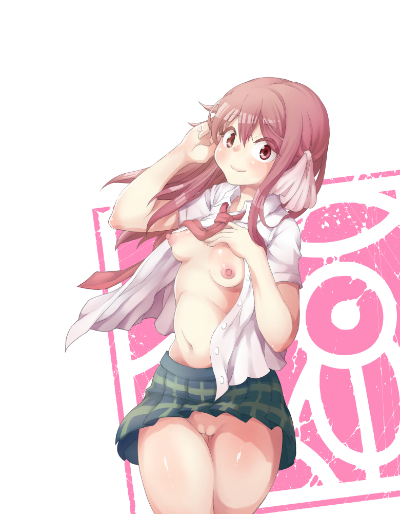 blush breasts brown_eyes brown_hair female medium_breasts navel nipples no_bra no_panties open_shirt pussy sakura_trick school_uniform smile solo takayama_haruka