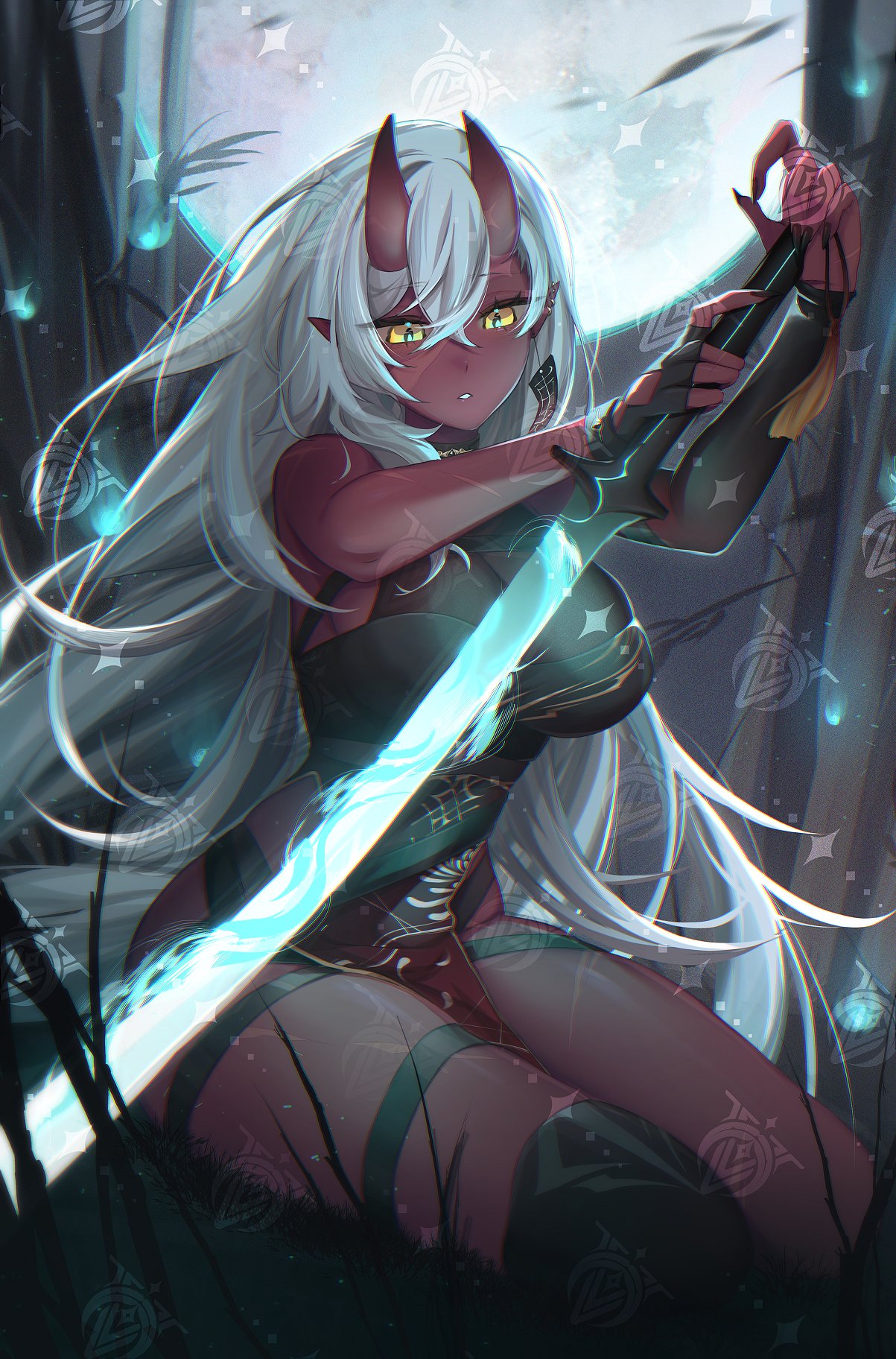 akumi bare_shoulders breasts dark_skin female green_eyes hair_between_eyes holding holding_weapon horns katana large_breasts long_hair looking_at_viewer oni oni_horns pointy_ears red_skin solo sparkle sword thighs very_long_hair vyugen weapon white_hair yellow_eyes yoclesh